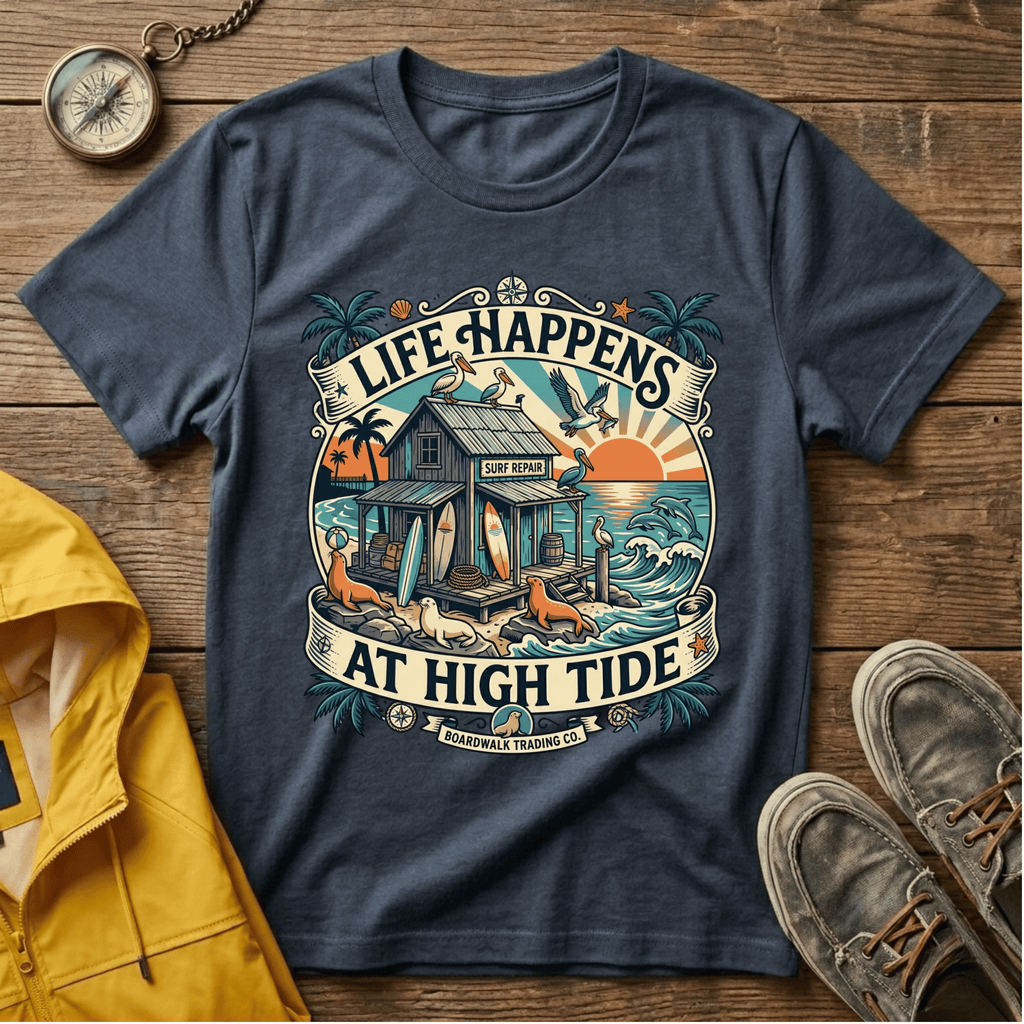 Life Happens At High Tide T‑Shirt — Tropical Beach Sunset Surf Tee