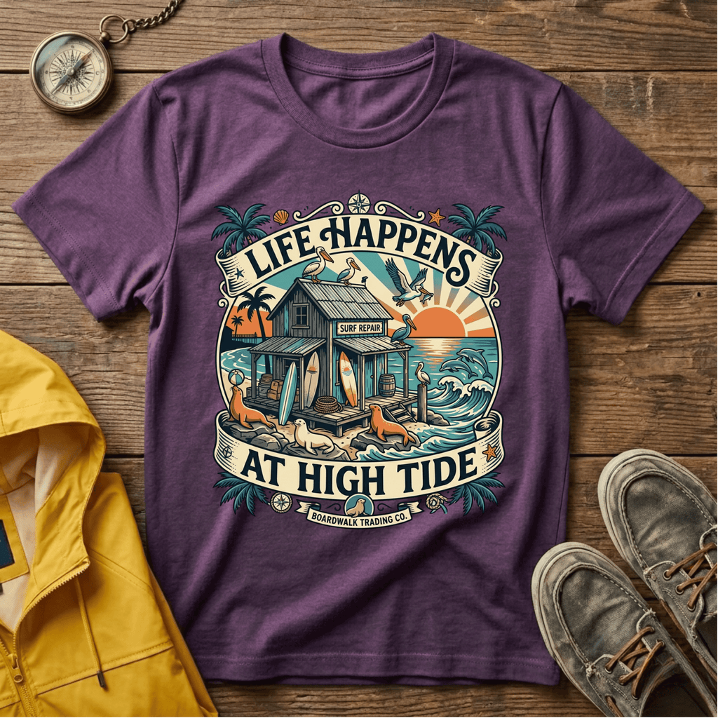 Life Happens At High Tide T‑Shirt — Tropical Beach Sunset Surf Tee