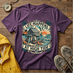 Life Happens At High Tide T‑Shirt — Tropical Beach Sunset Surf Tee