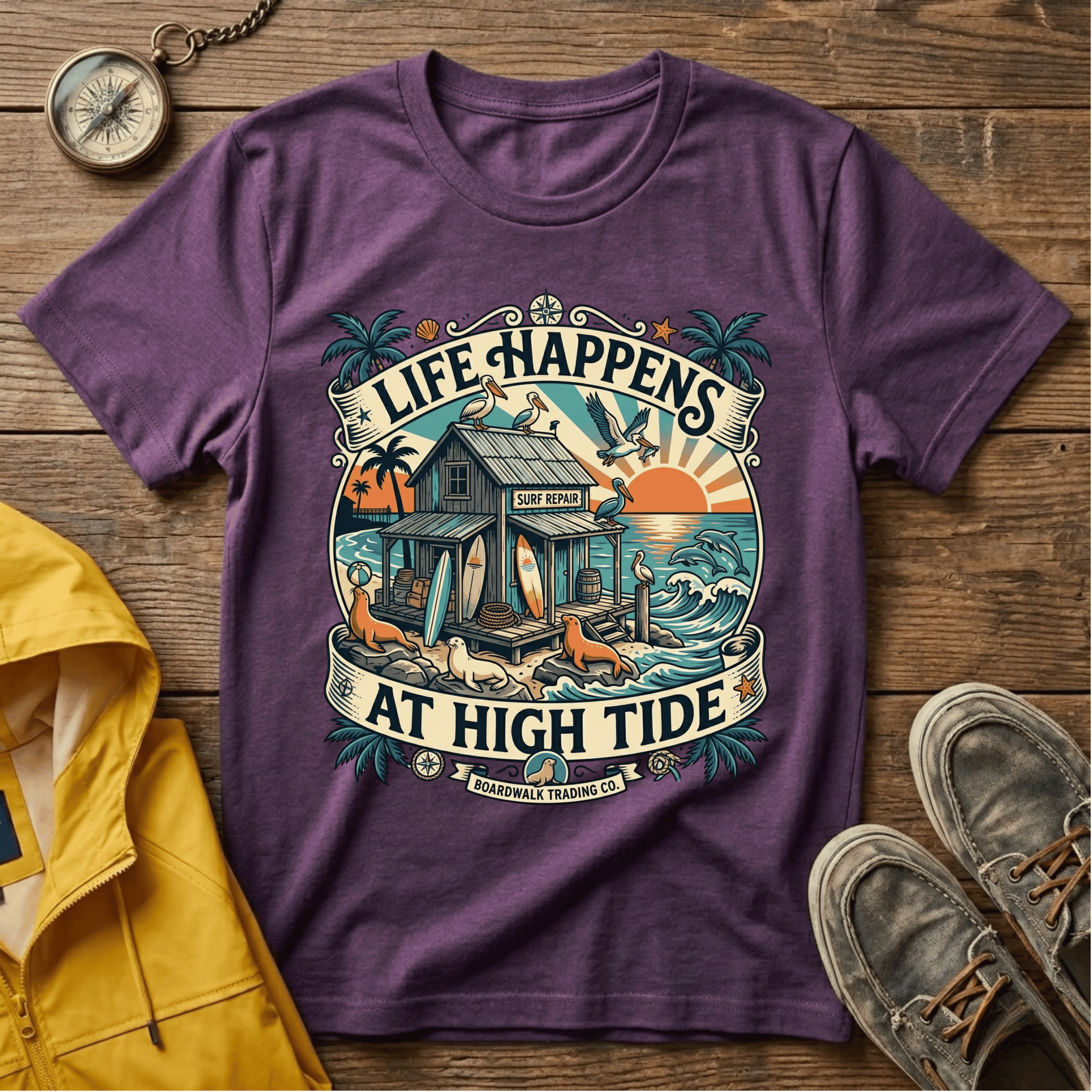 Life Happens At High Tide T‑Shirt — Tropical Beach Sunset Surf Tee