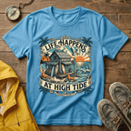 Life Happens At High Tide T‑Shirt — Tropical Beach Sunset Surf Tee