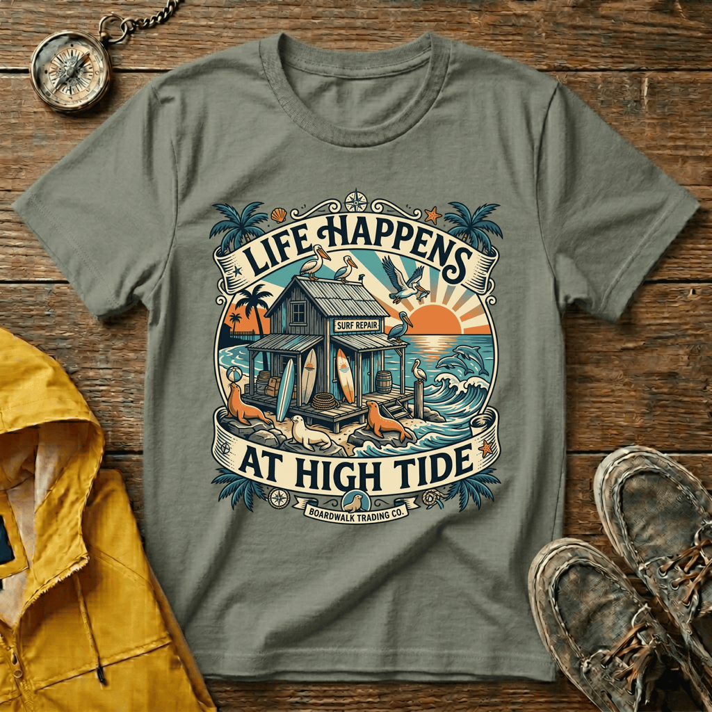 Life Happens At High Tide T‑Shirt — Tropical Beach Sunset Surf Tee