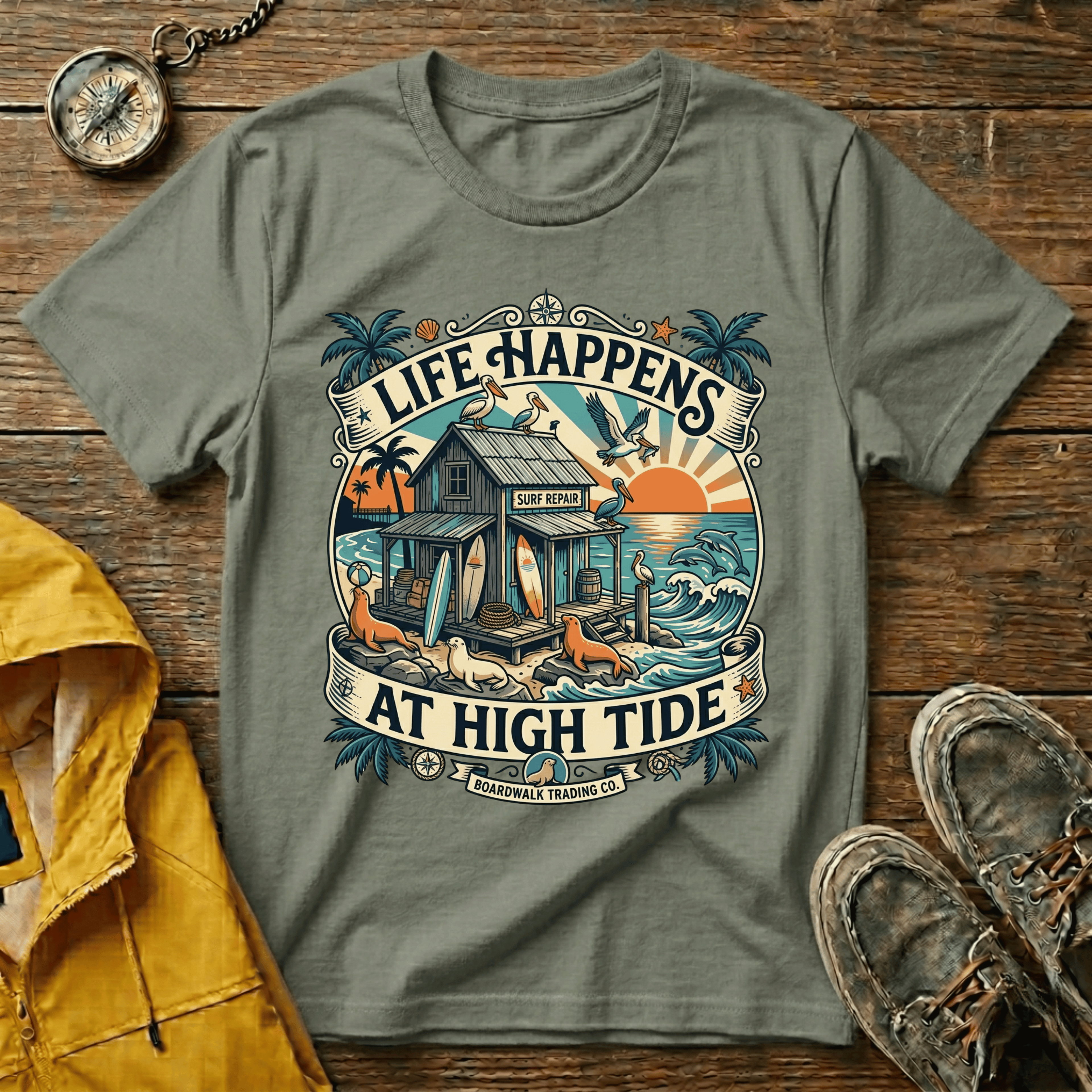 Life Happens At High Tide T‑Shirt — Tropical Beach Sunset Surf Tee