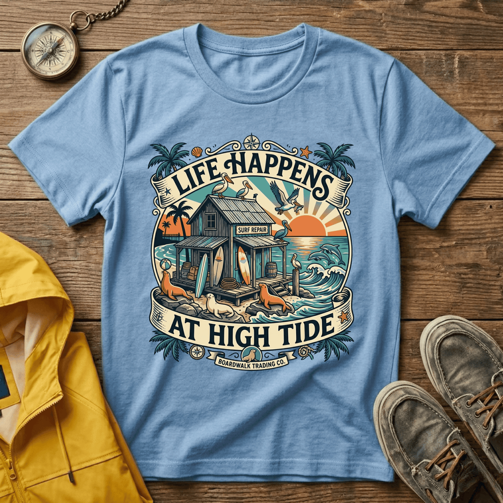 Life Happens At High Tide T‑Shirt — Tropical Beach Sunset Surf Tee