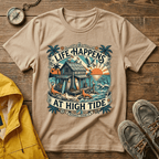 Life Happens At High Tide T‑Shirt — Tropical Beach Sunset Surf Tee