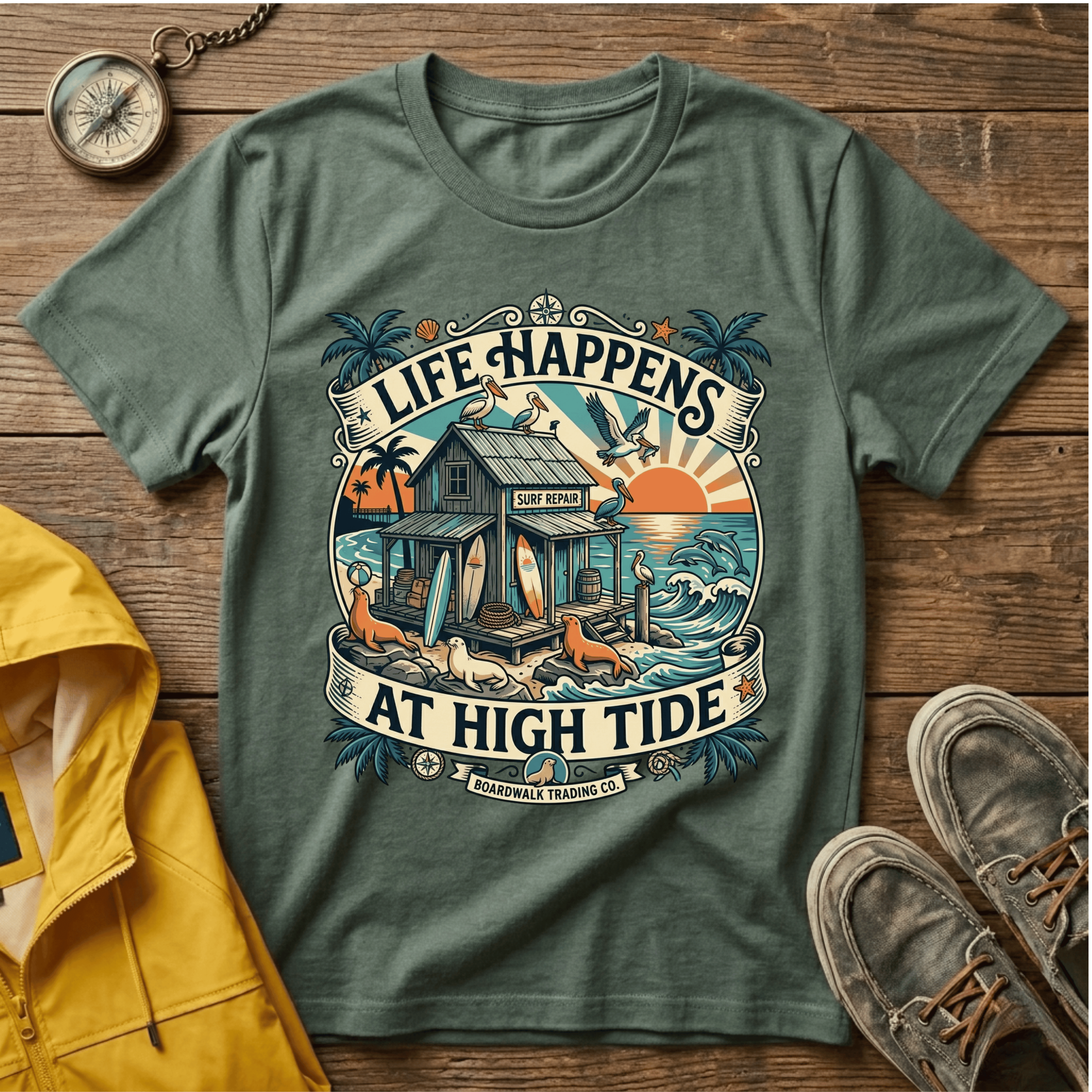 Life Happens At High Tide T‑Shirt — Tropical Beach Sunset Surf Tee