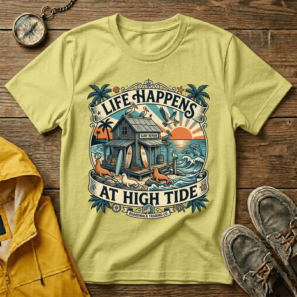 Life Happens At High Tide T‑Shirt — Tropical Beach Sunset Surf Tee