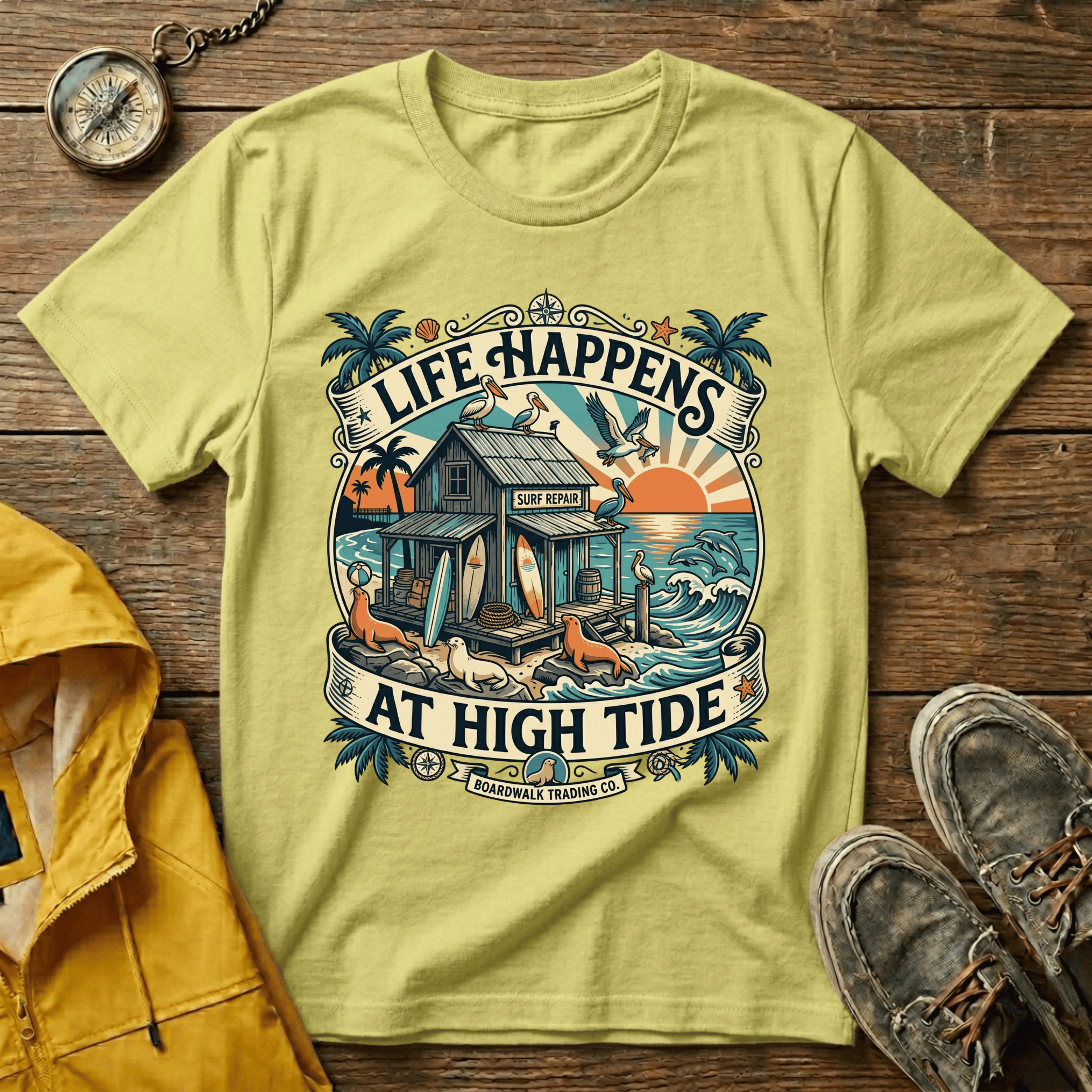 Life Happens At High Tide T‑Shirt — Tropical Beach Sunset Surf Tee