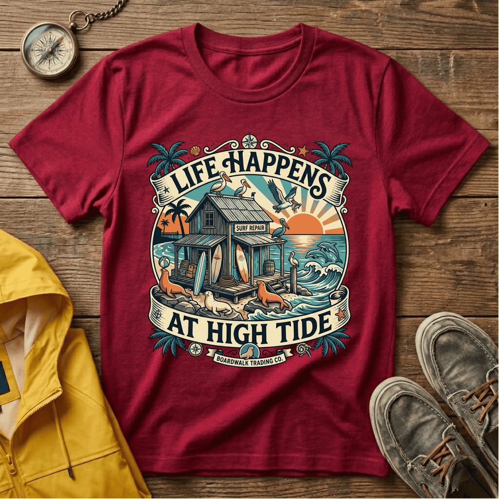 Life Happens At High Tide T‑Shirt — Tropical Beach Sunset Surf Tee