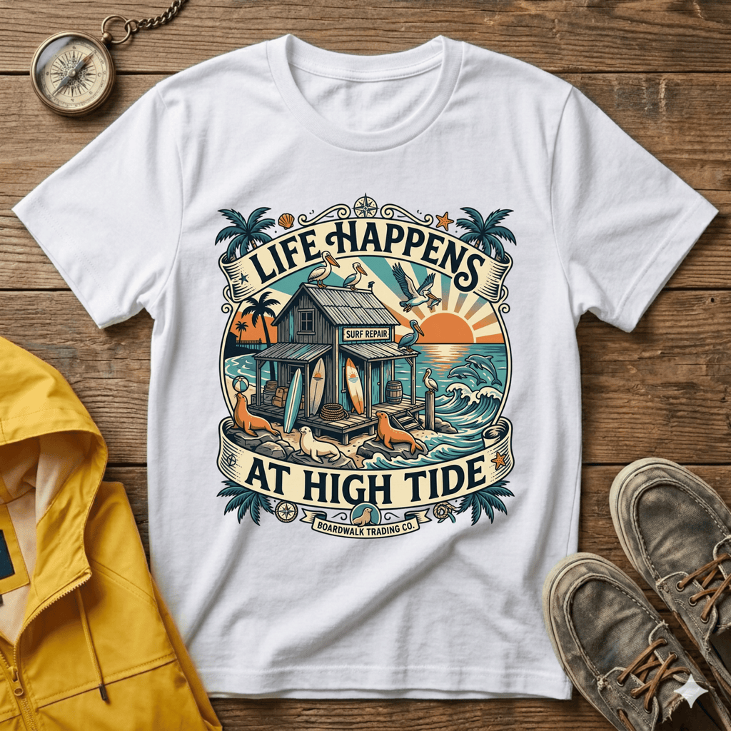 Life Happens At High Tide T‑Shirt — Tropical Beach Sunset Surf Tee