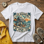 Life Happens At High Tide T‑Shirt — Tropical Beach Sunset Surf Tee