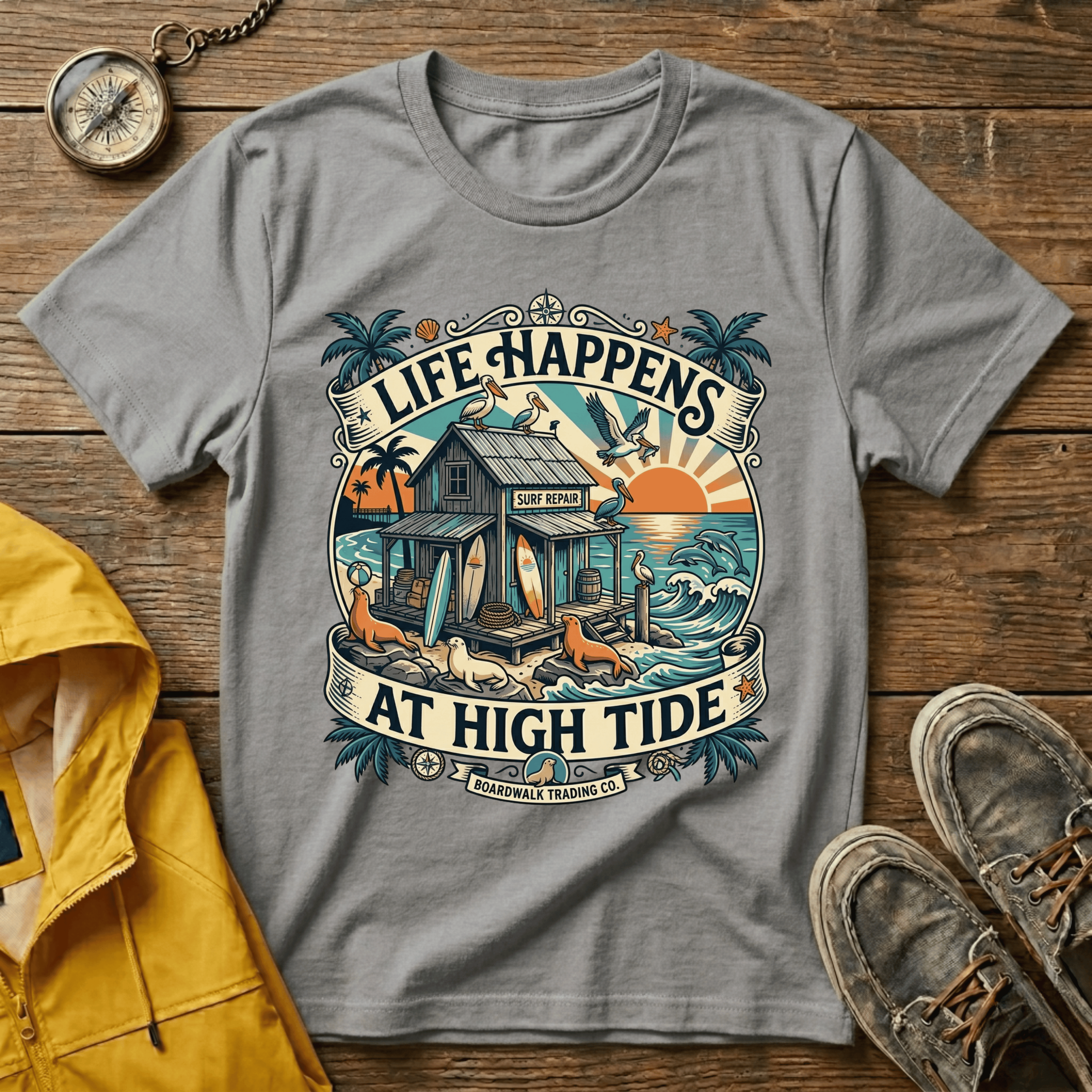 Life Happens At High Tide T‑Shirt — Tropical Beach Sunset Surf Tee