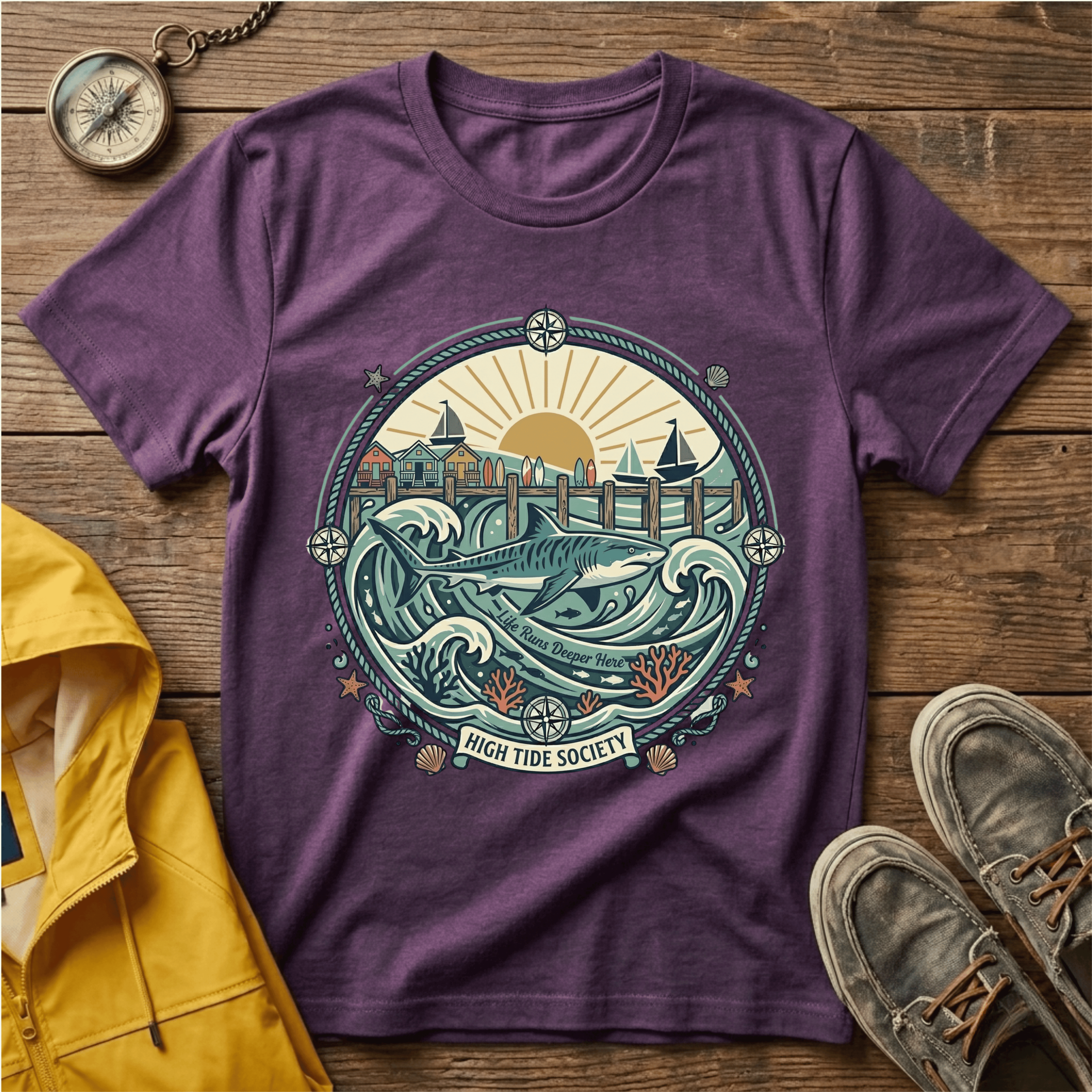 Coastal Sunrise T-Shirt — Nautical Ocean Waves Graphic Tee