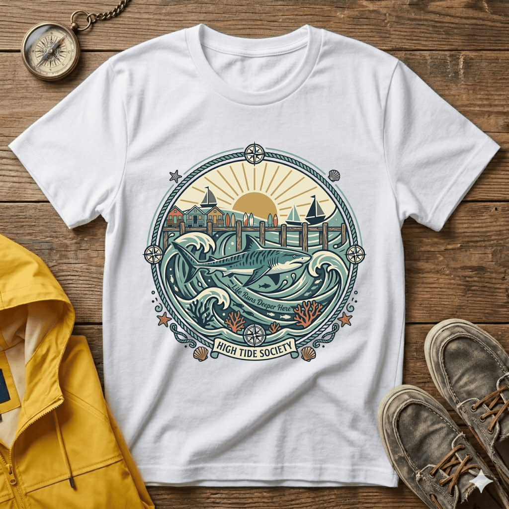 Coastal Sunrise T-Shirt — Nautical Ocean Waves Graphic Tee