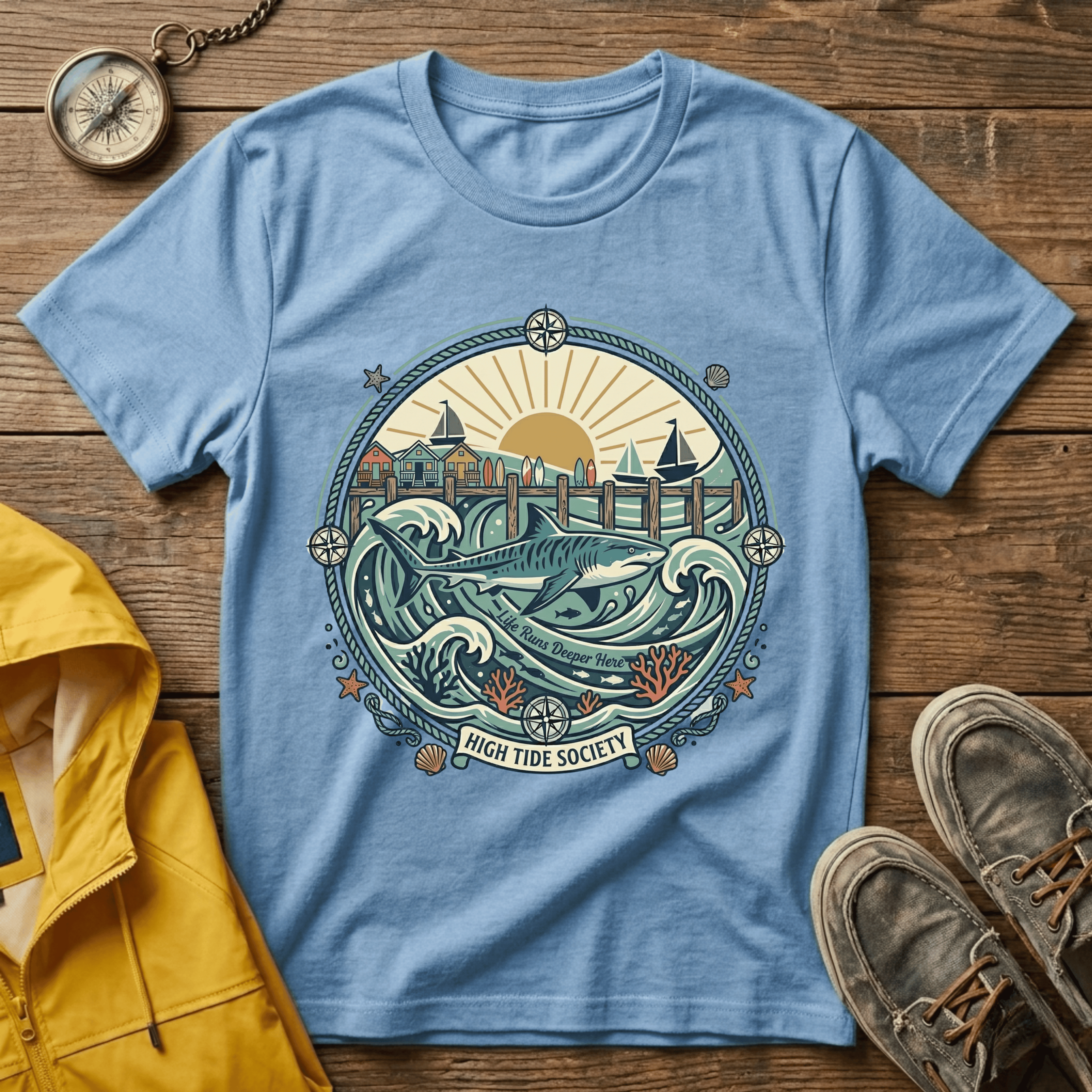 Coastal Sunrise T-Shirt — Nautical Ocean Waves Graphic Tee