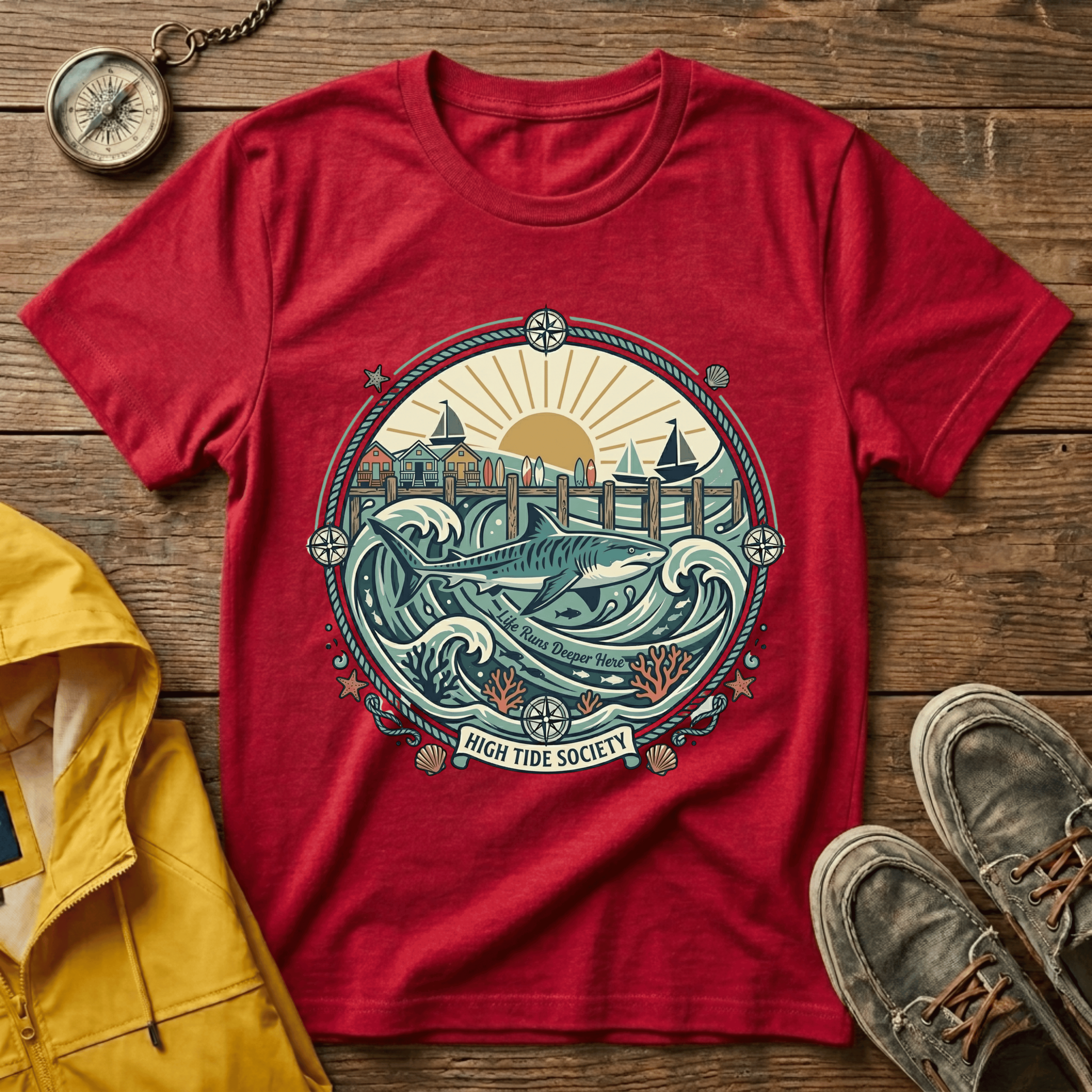 Coastal Sunrise T-Shirt — Nautical Ocean Waves Graphic Tee
