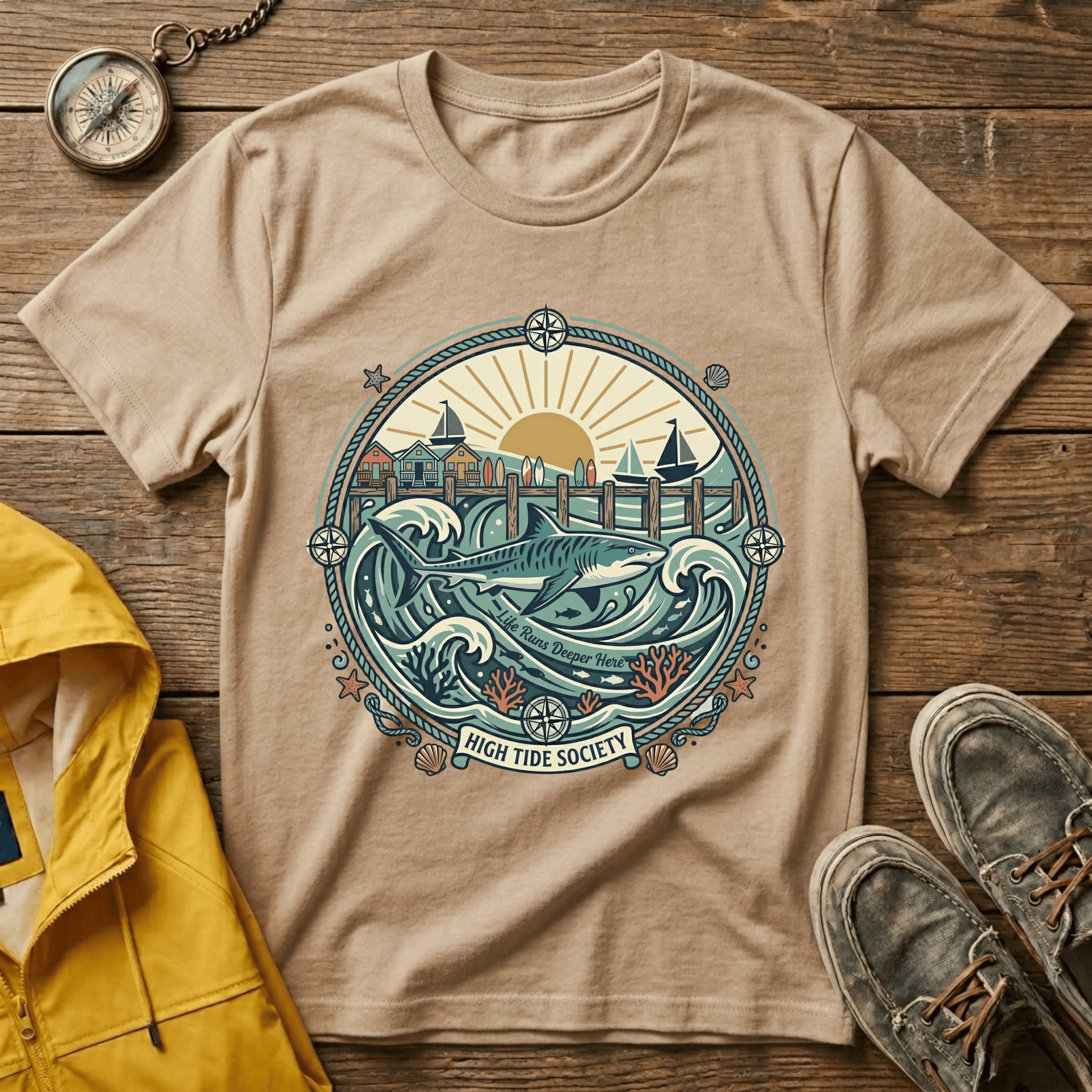 Coastal Sunrise T-Shirt — Nautical Ocean Waves Graphic Tee
