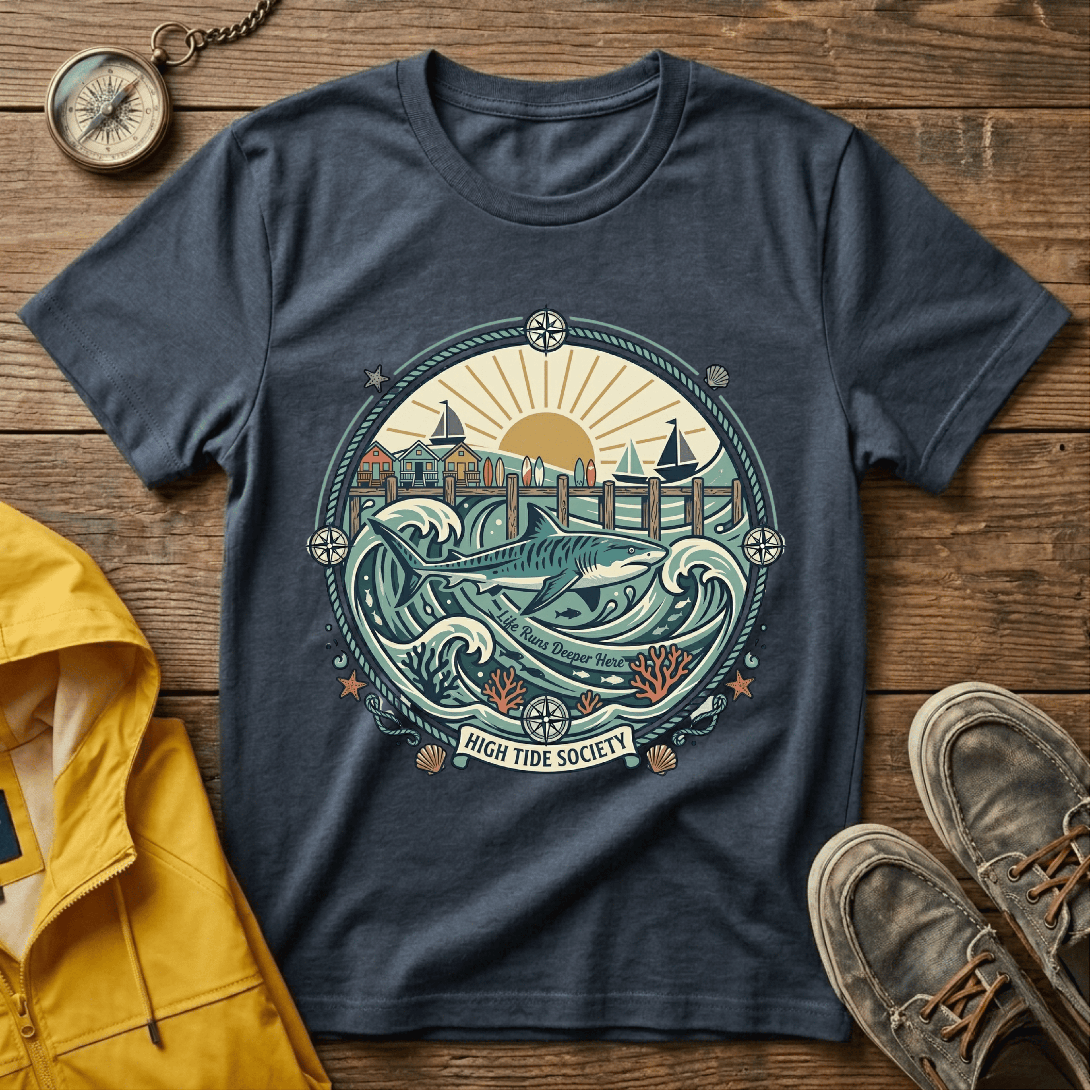 Coastal Sunrise T-Shirt — Nautical Ocean Waves Graphic Tee