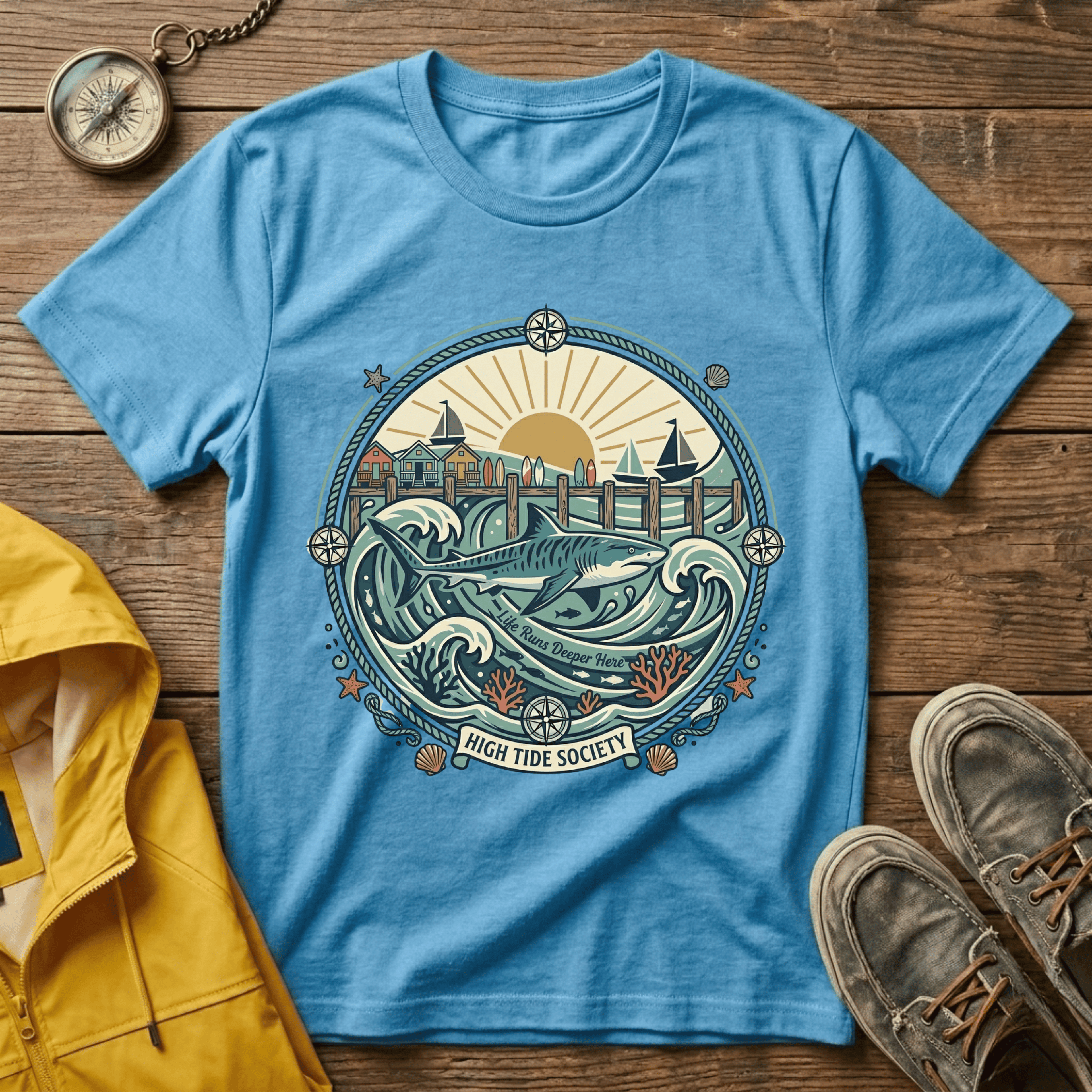Coastal Sunrise T-Shirt — Nautical Ocean Waves Graphic Tee