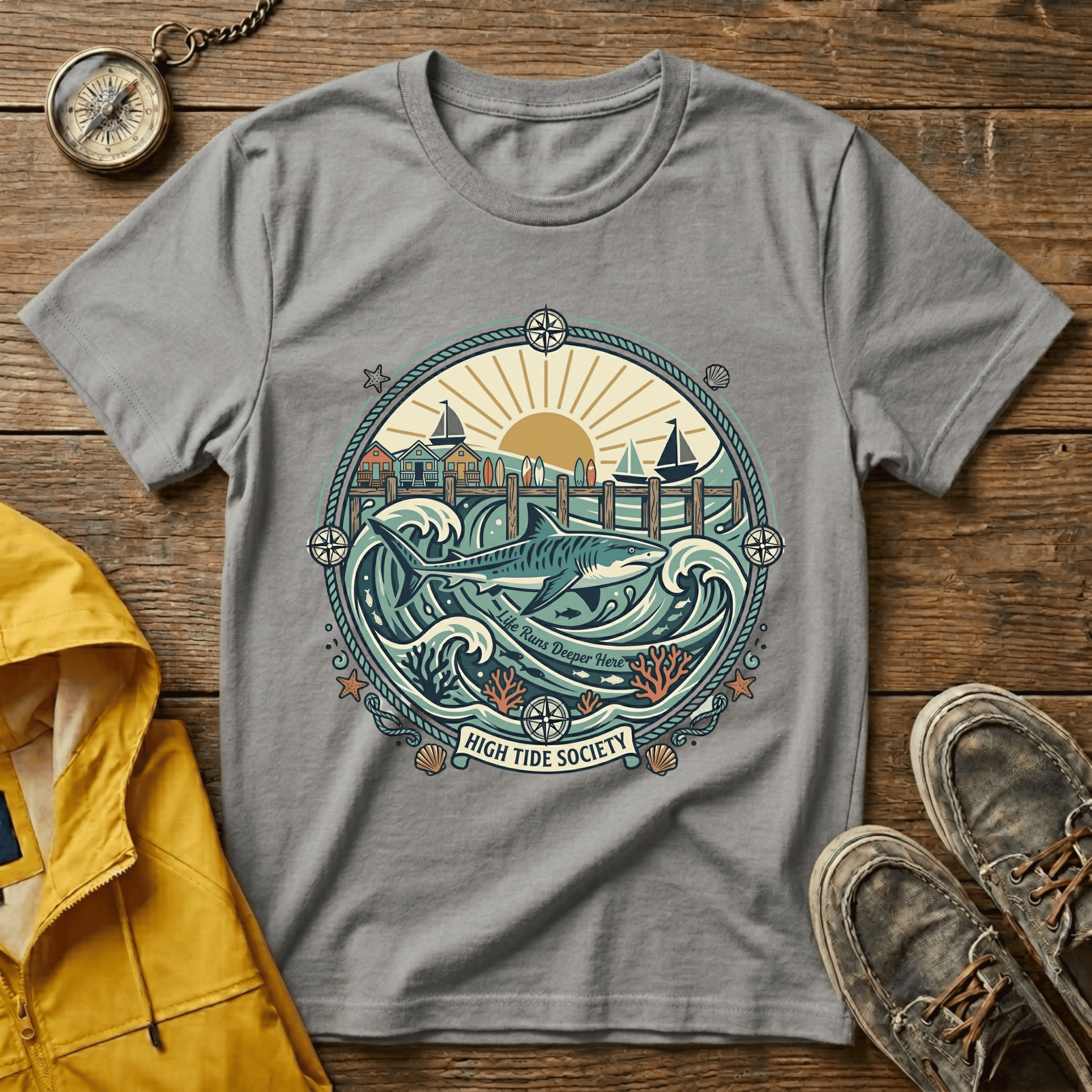 Coastal Sunrise T-Shirt — Nautical Ocean Waves Graphic Tee