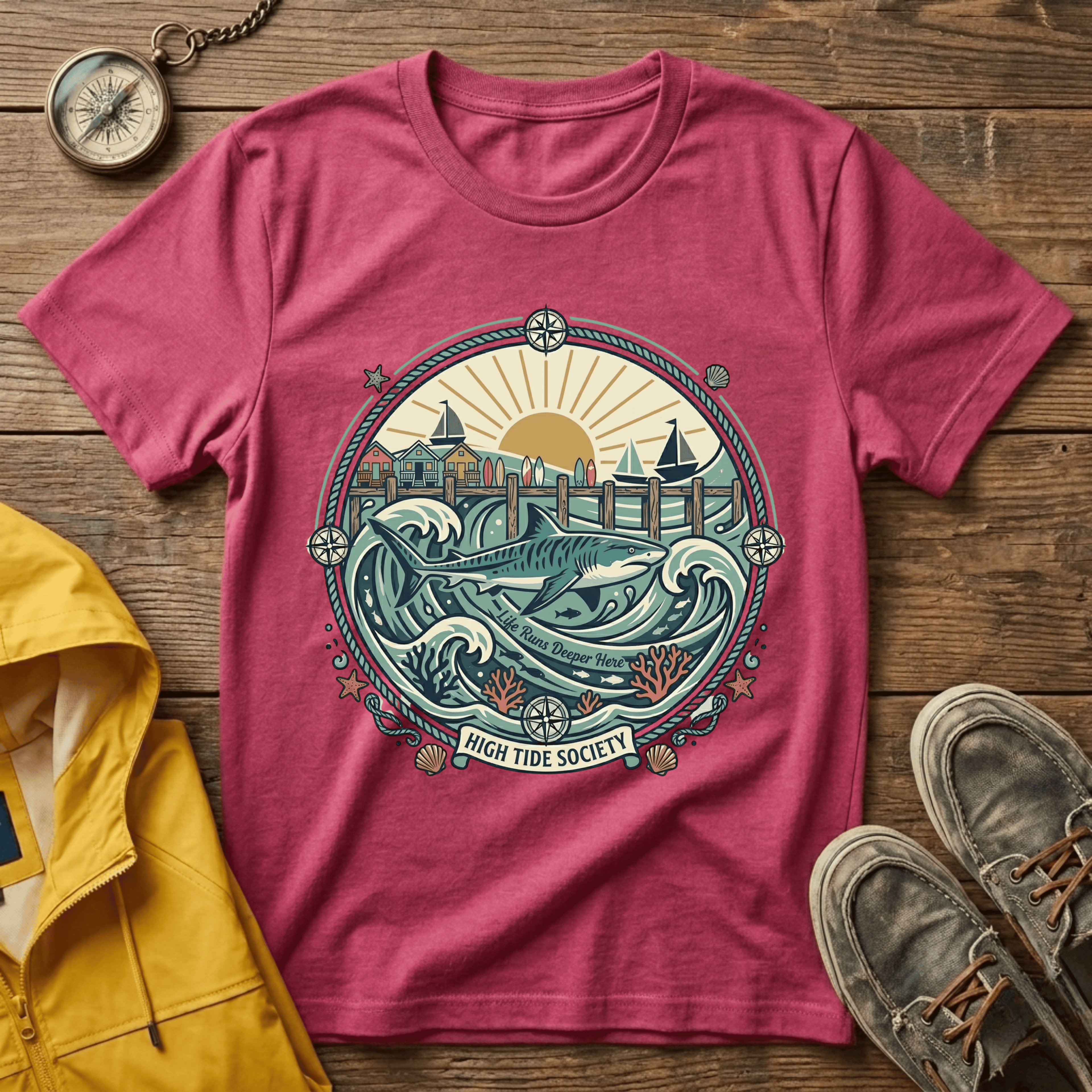 Coastal Sunrise T-Shirt — Nautical Ocean Waves Graphic Tee