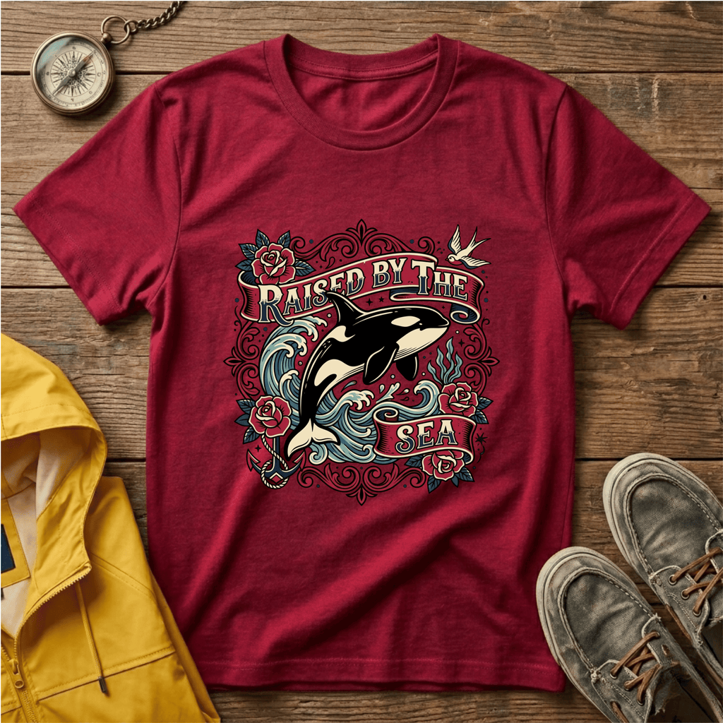 Raised By The Sea T-Shirt — Orca Whale Tattoo-Style Graphic Tee