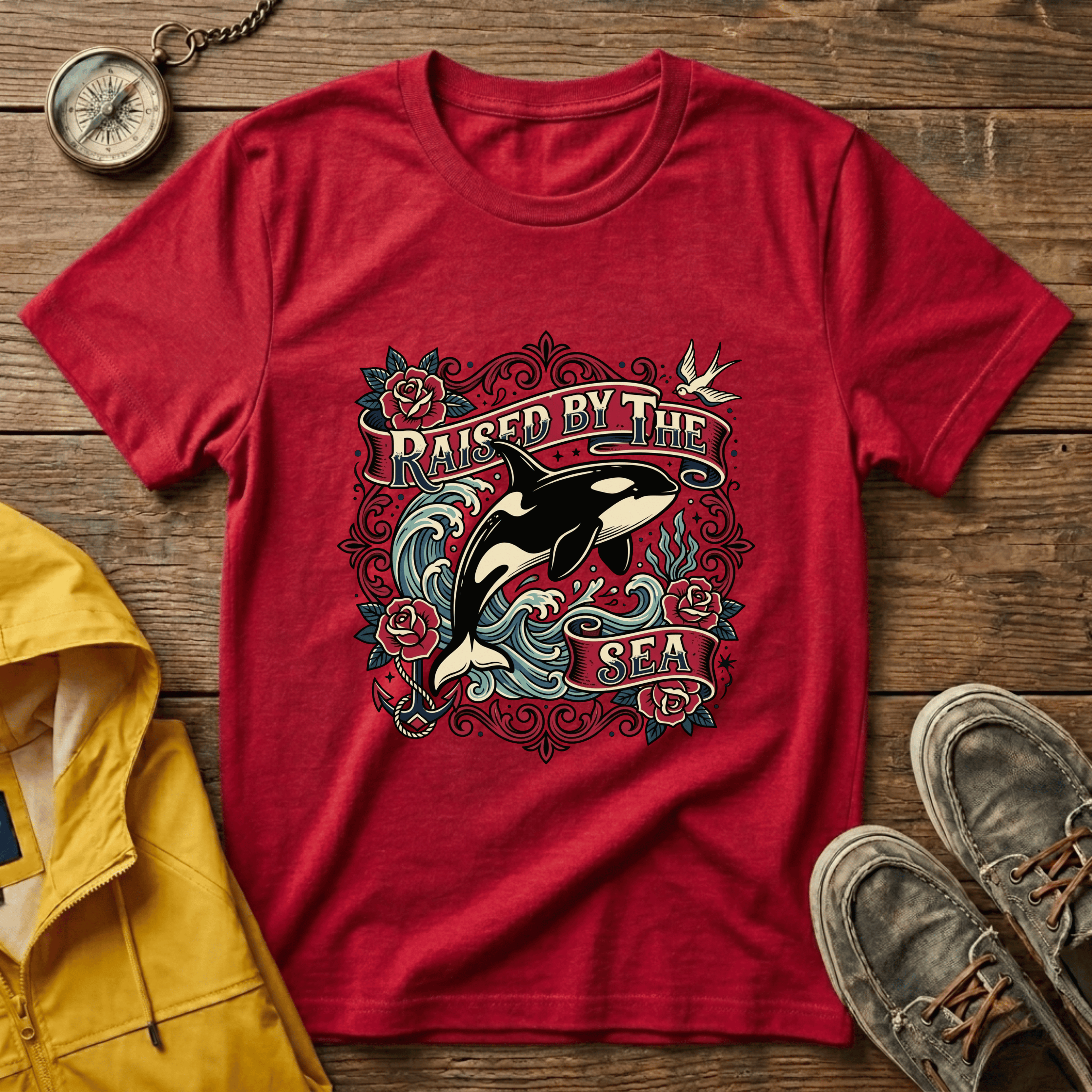 Raised By The Sea T-Shirt — Orca Whale Tattoo-Style Graphic Tee