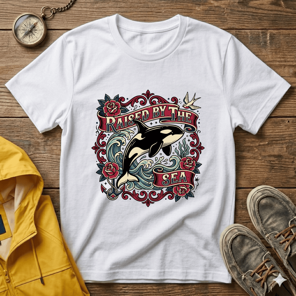 Raised By The Sea T-Shirt — Orca Whale Tattoo-Style Graphic Tee
