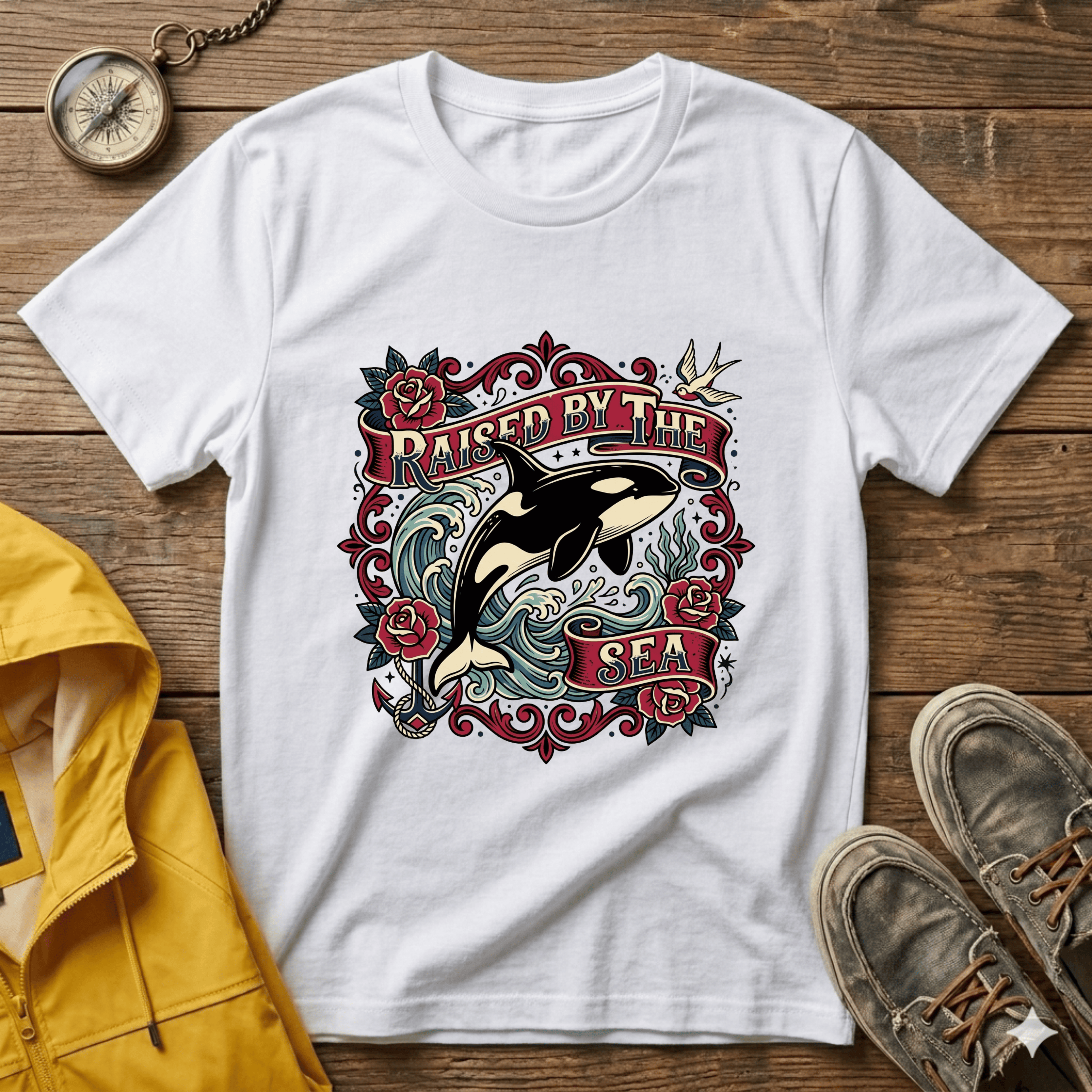 Raised By The Sea T-Shirt — Orca Whale Tattoo-Style Graphic Tee