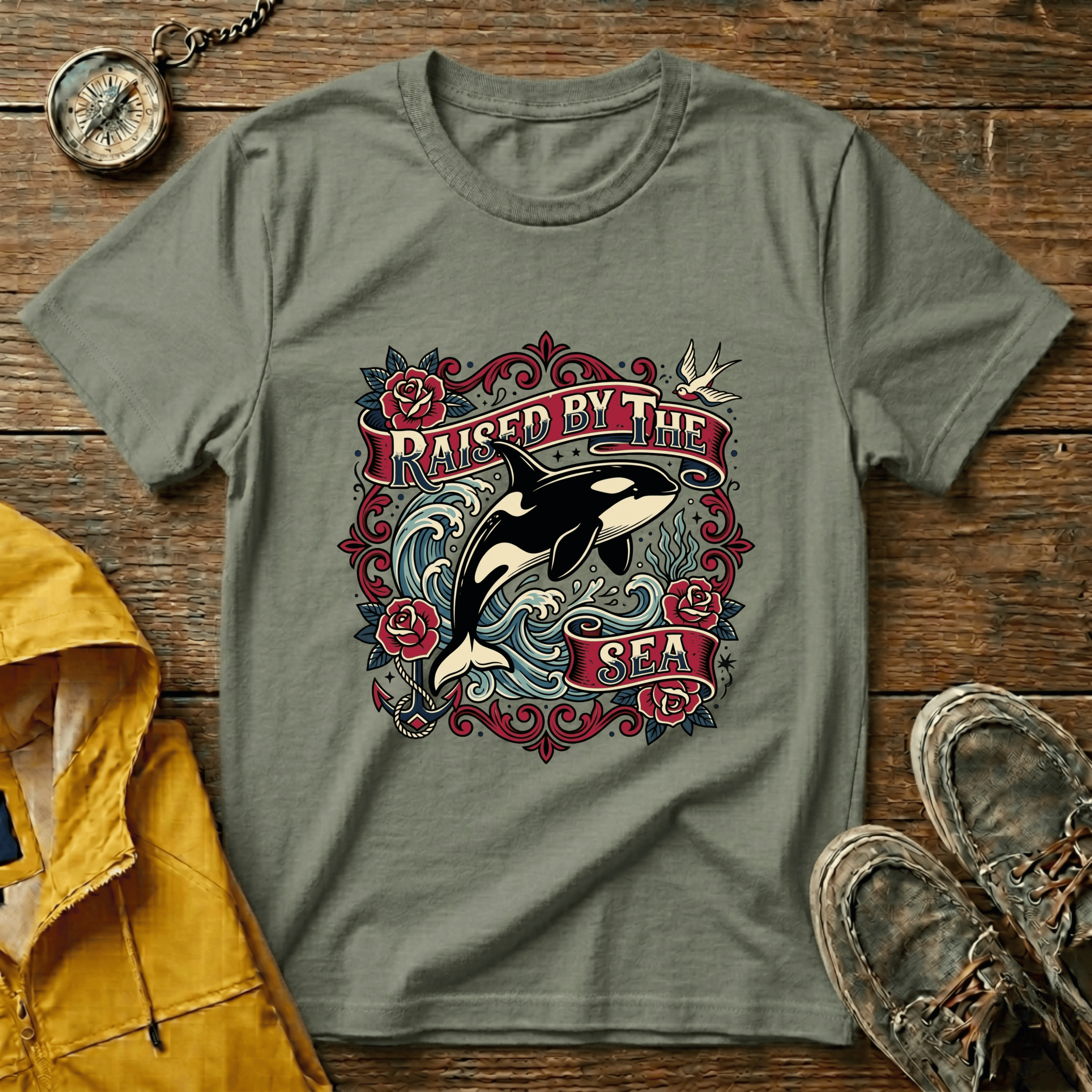 Raised By The Sea T-Shirt — Orca Whale Tattoo-Style Graphic Tee
