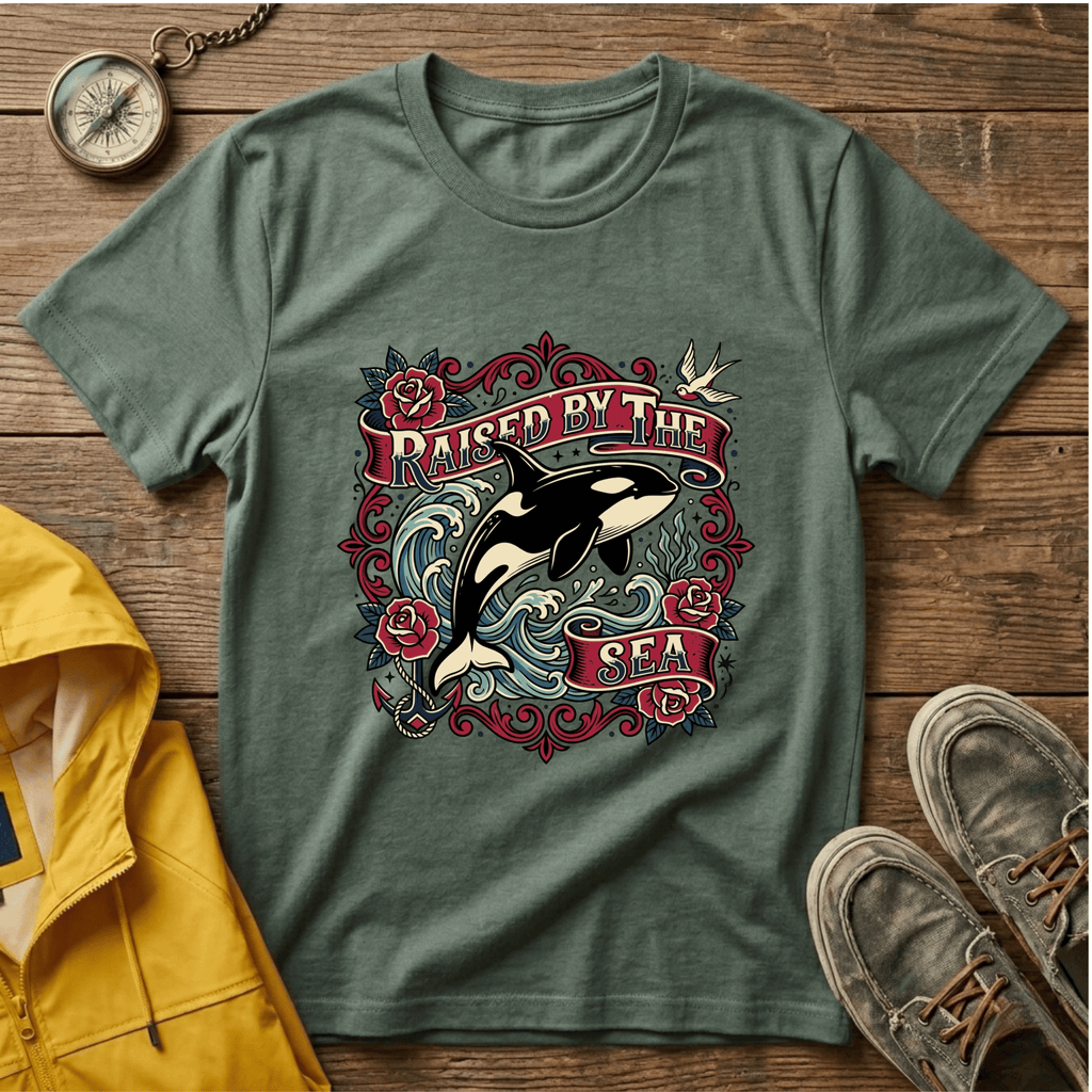 Raised By The Sea T-Shirt — Orca Whale Tattoo-Style Graphic Tee