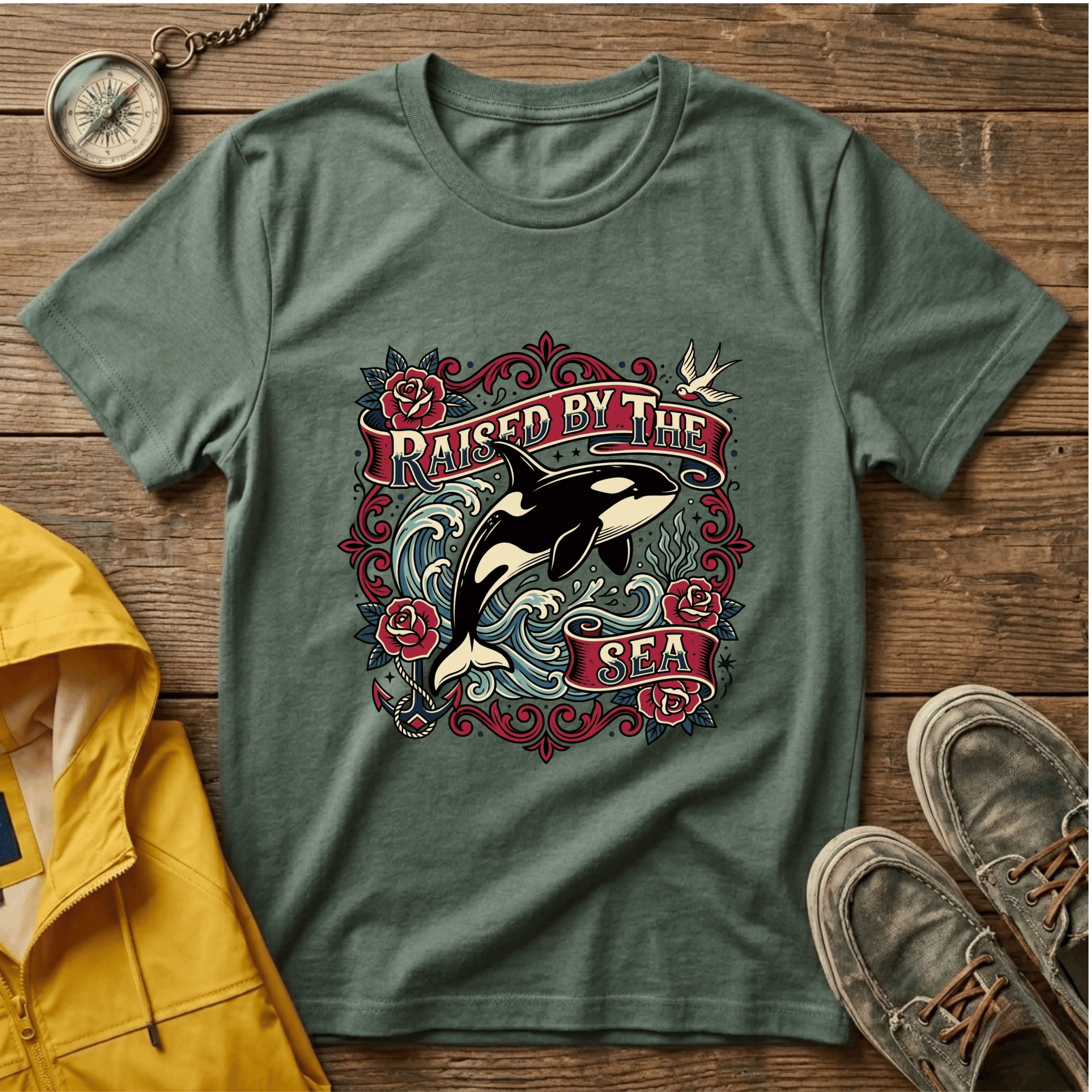 Raised By The Sea T-Shirt — Orca Whale Tattoo-Style Graphic Tee