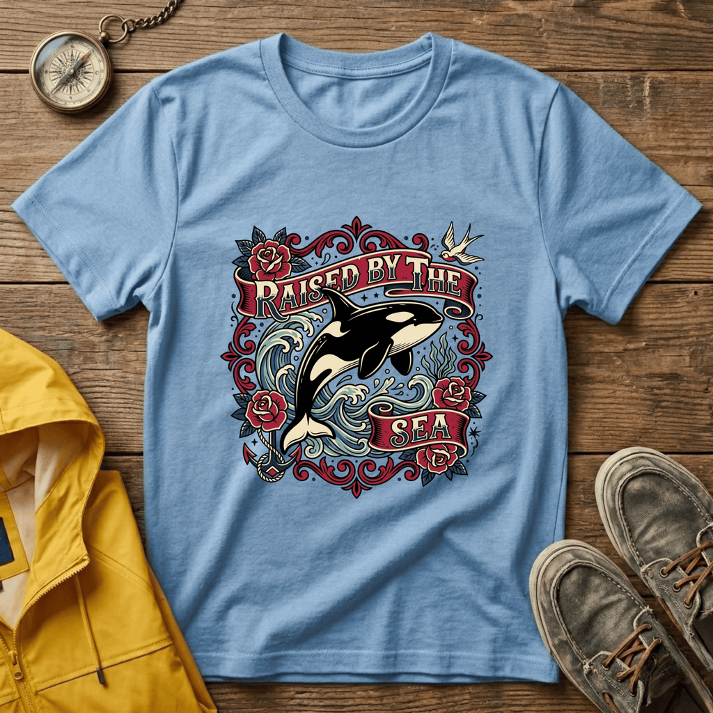Raised By The Sea T-Shirt — Orca Whale Tattoo-Style Graphic Tee