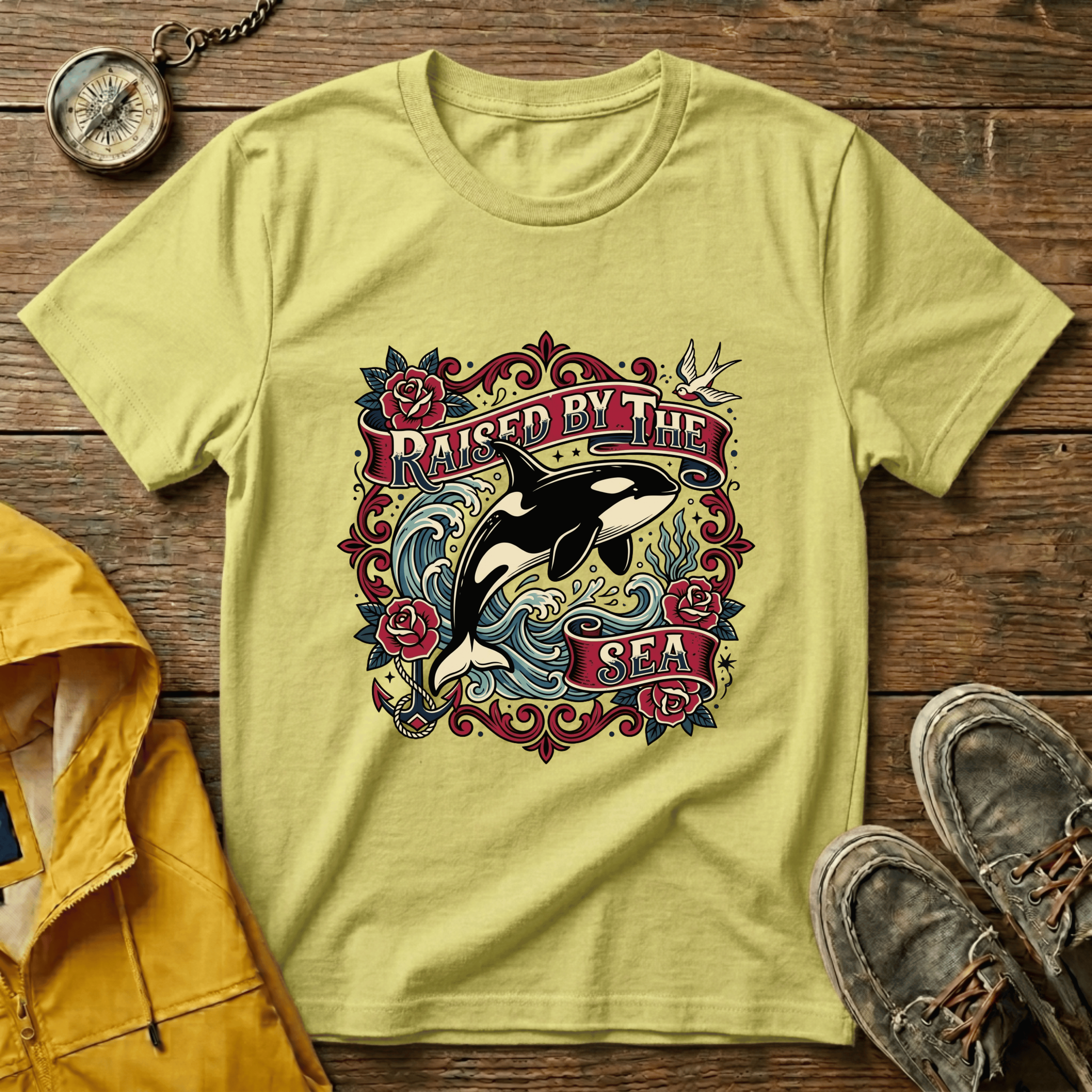 Raised By The Sea T-Shirt — Orca Whale Tattoo-Style Graphic Tee