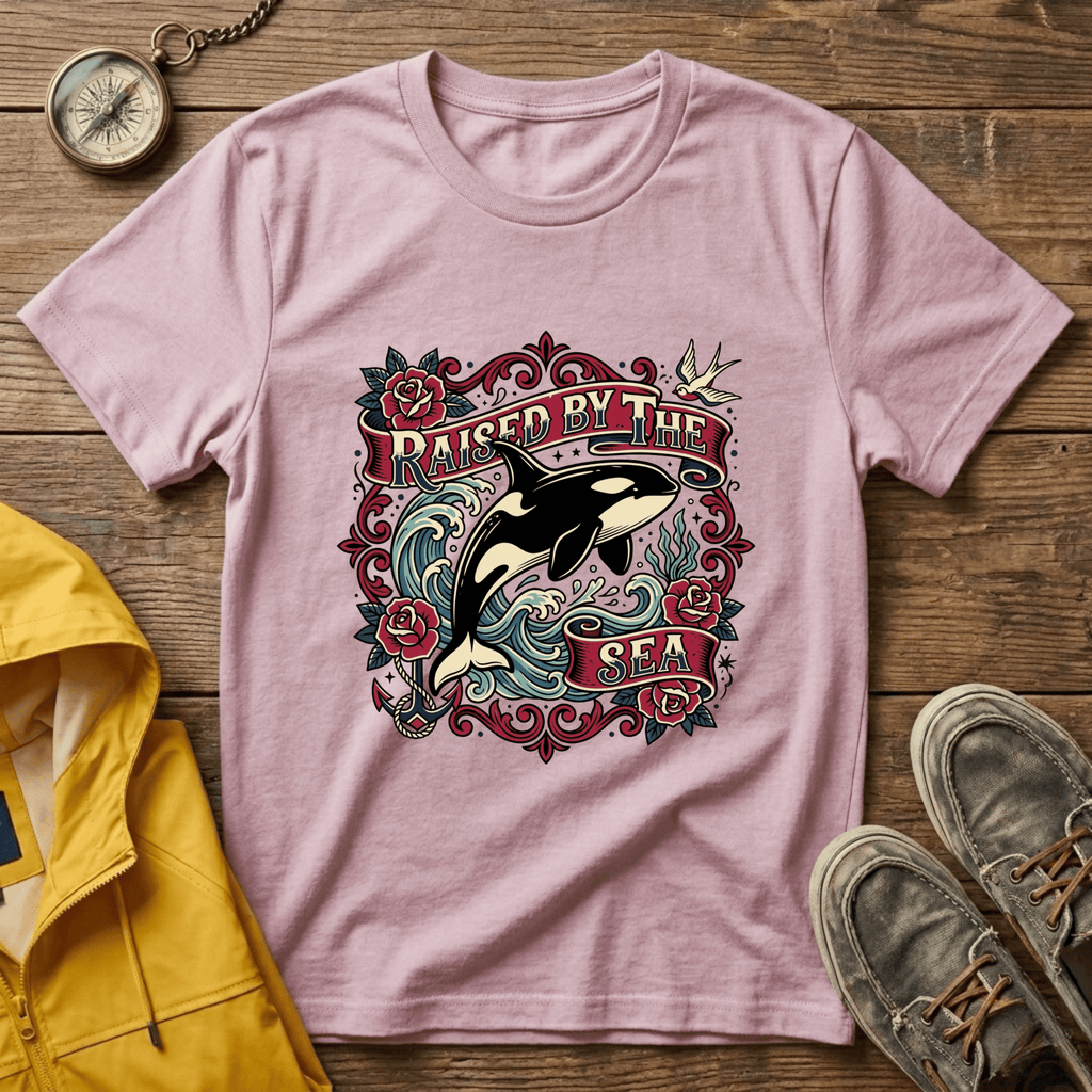 Raised By The Sea T-Shirt — Orca Whale Tattoo-Style Graphic Tee