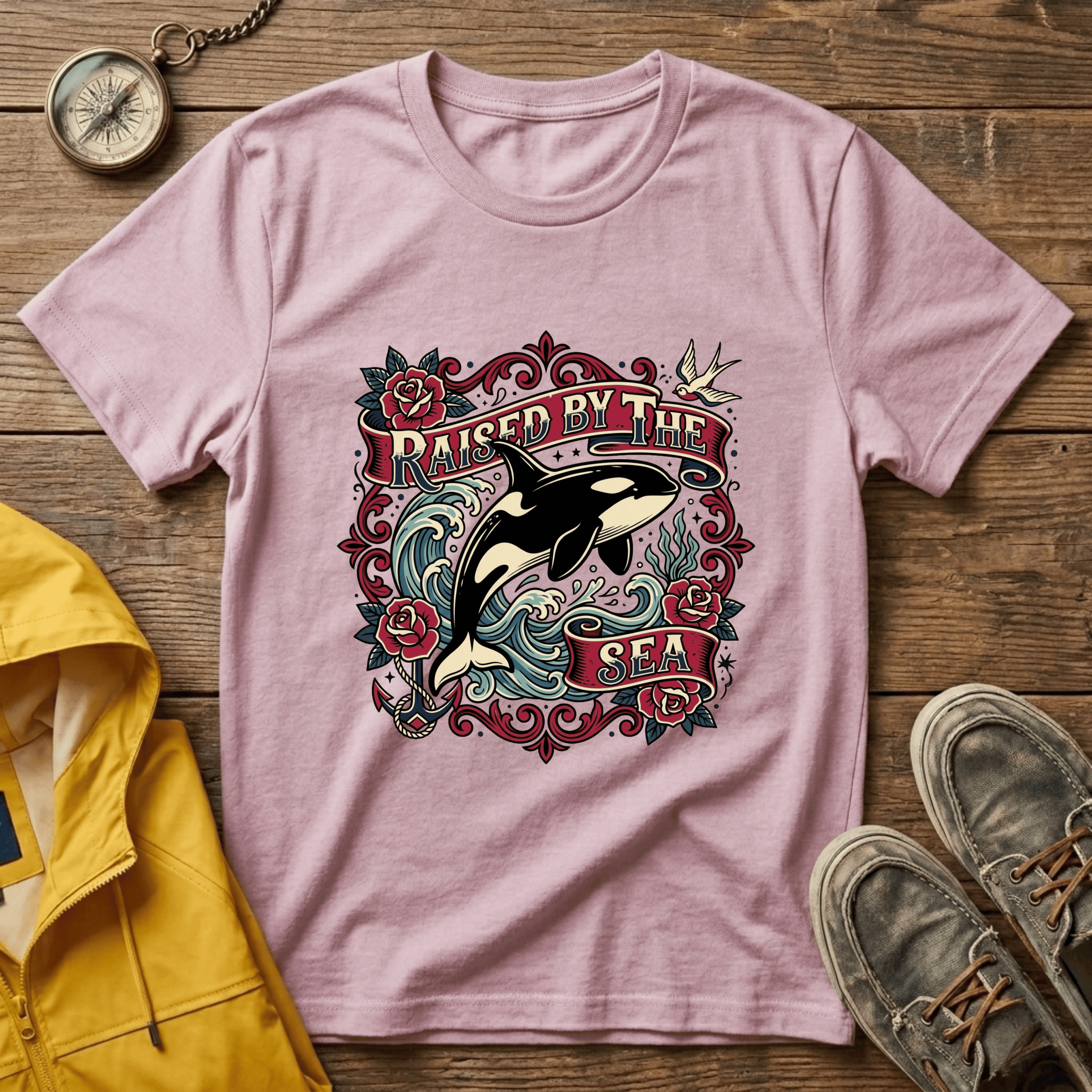Raised By The Sea T-Shirt — Orca Whale Tattoo-Style Graphic Tee