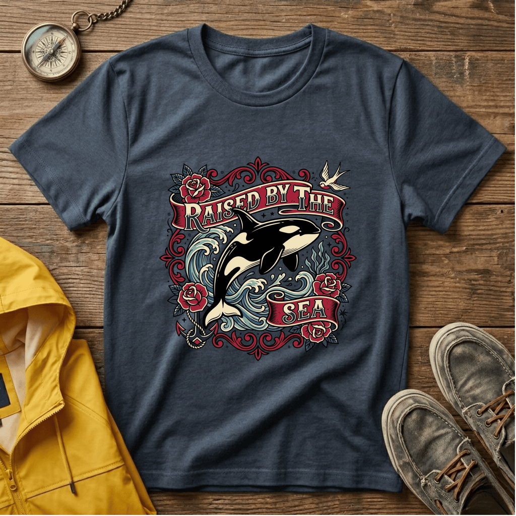 Raised By The Sea T-Shirt — Orca Whale Tattoo-Style Graphic Tee