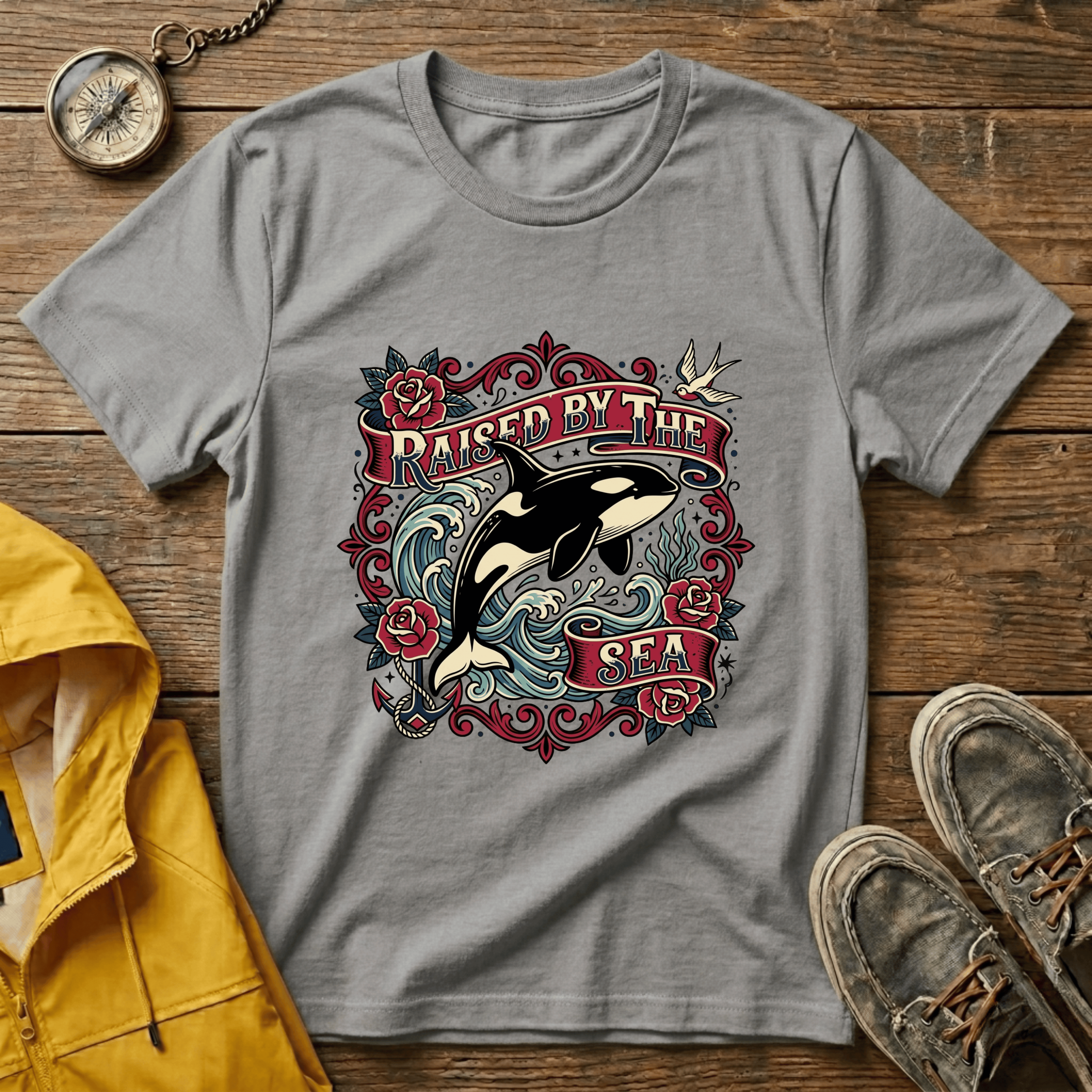 Raised By The Sea T-Shirt — Orca Whale Tattoo-Style Graphic Tee