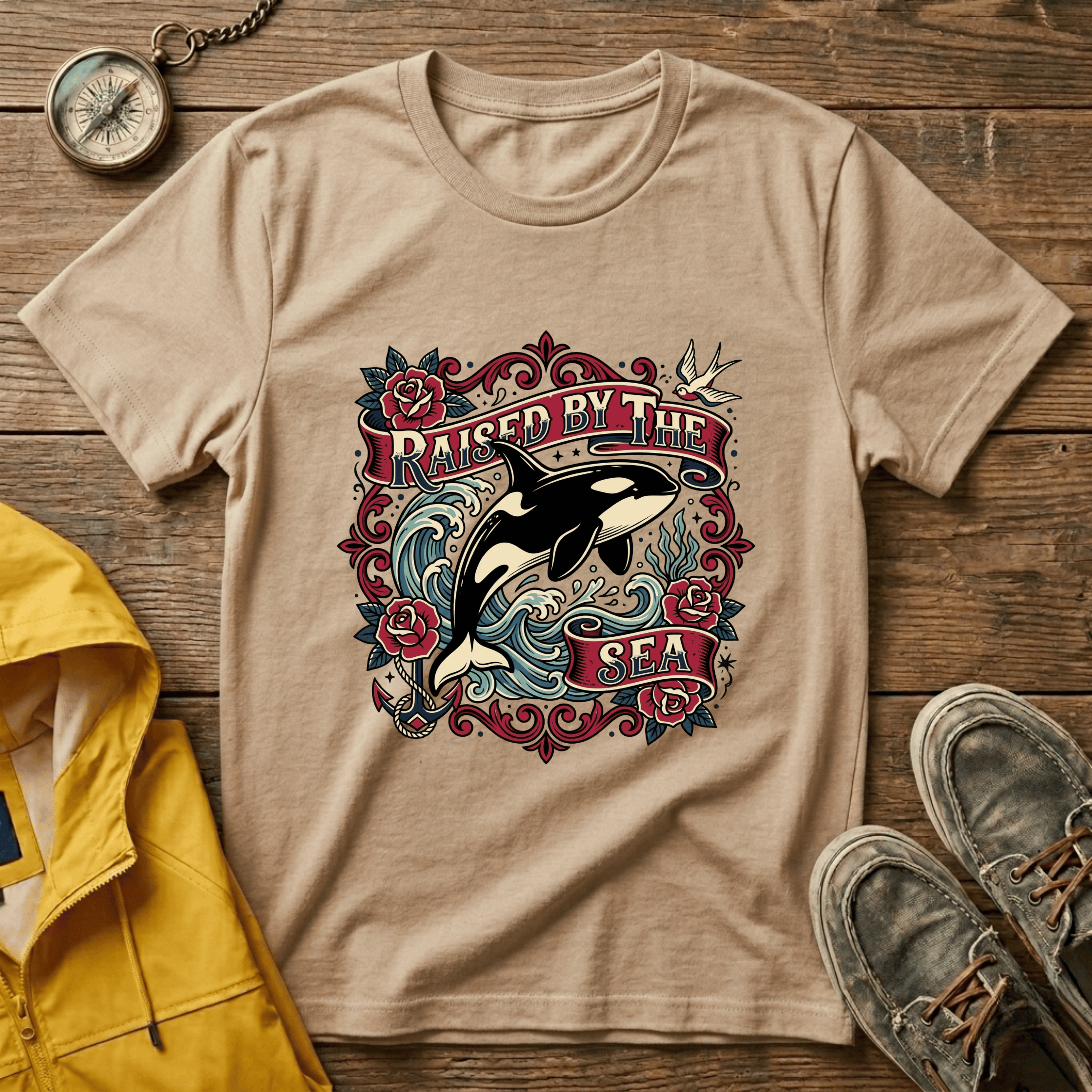 Raised By The Sea T-Shirt — Orca Whale Tattoo-Style Graphic Tee