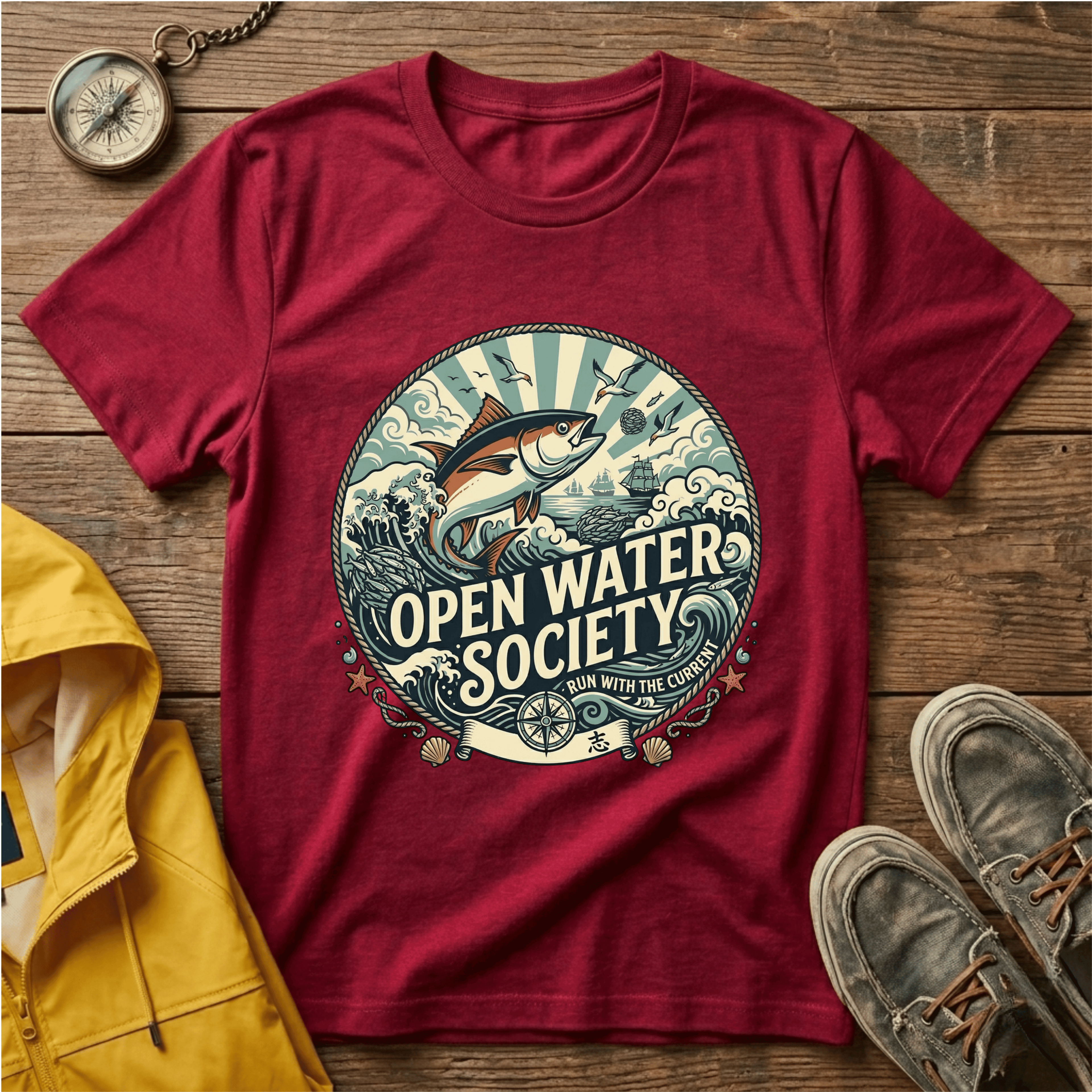 Fishing T-Shirt — Open Water Society Graphic Tee (Ocean Fish, Vintage Nautical Vibe)