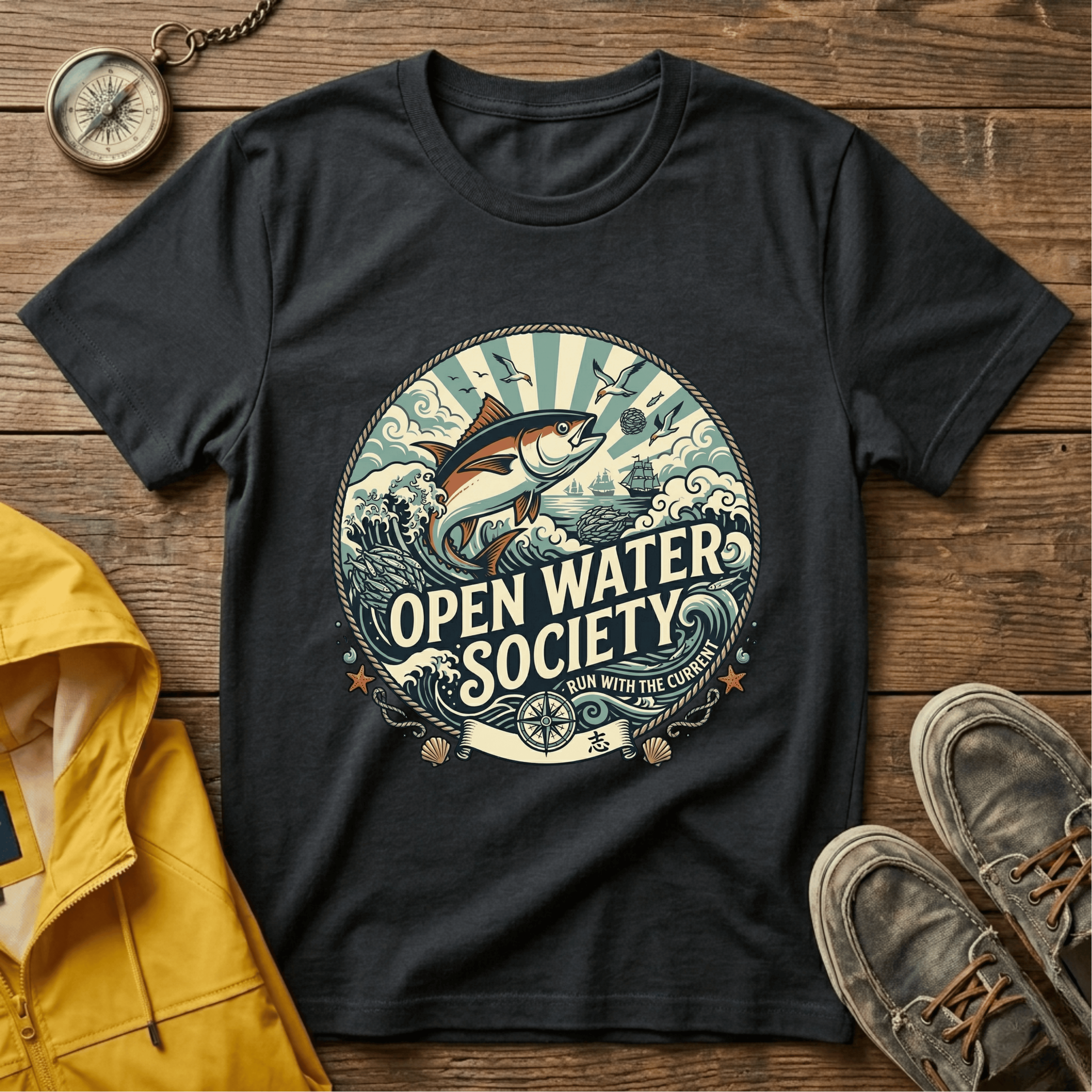 Fishing T-Shirt — Open Water Society Graphic Tee (Ocean Fish, Vintage Nautical Vibe)