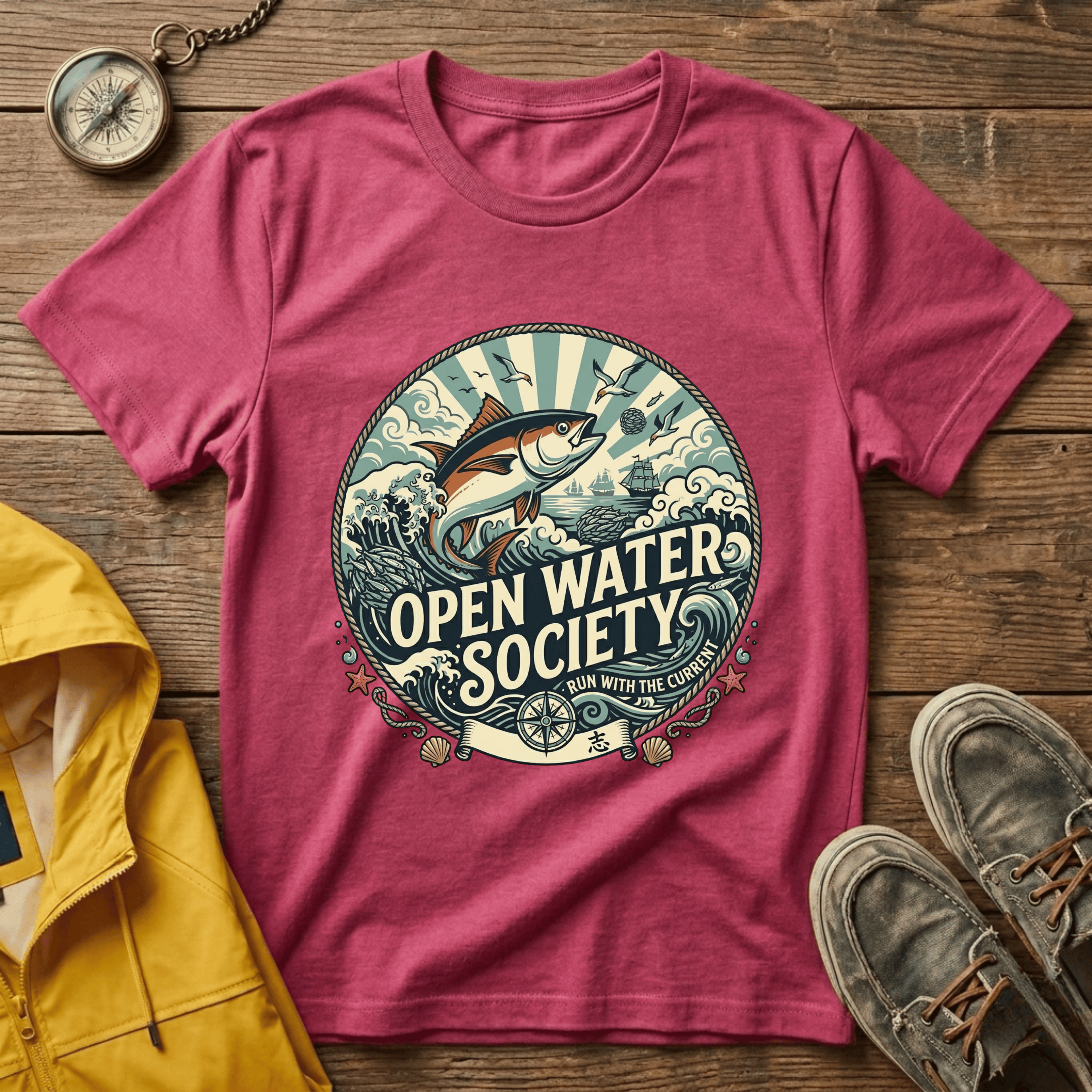 Fishing T-Shirt — Open Water Society Graphic Tee (Ocean Fish, Vintage Nautical Vibe)