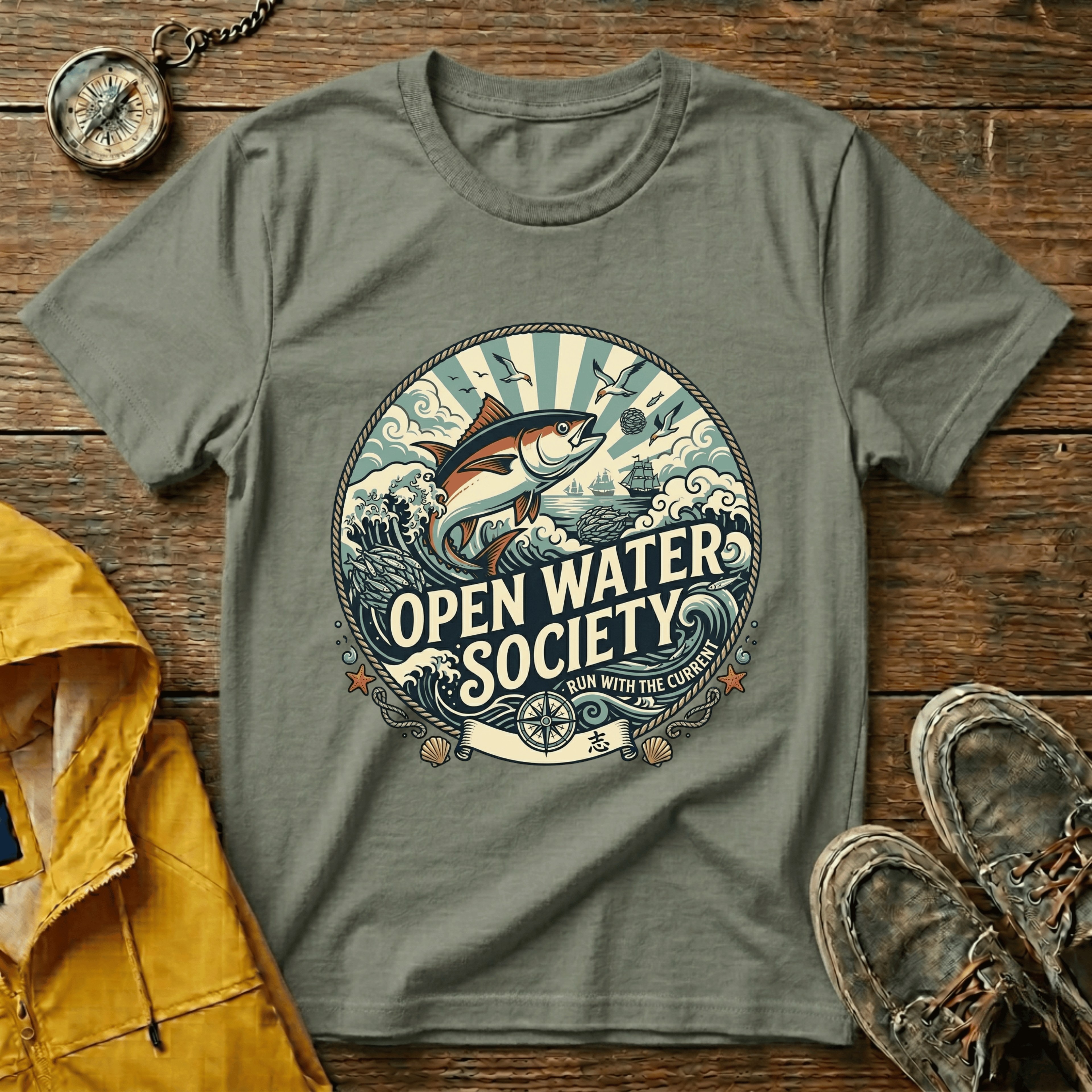Fishing T-Shirt — Open Water Society Graphic Tee (Ocean Fish, Vintage Nautical Vibe)