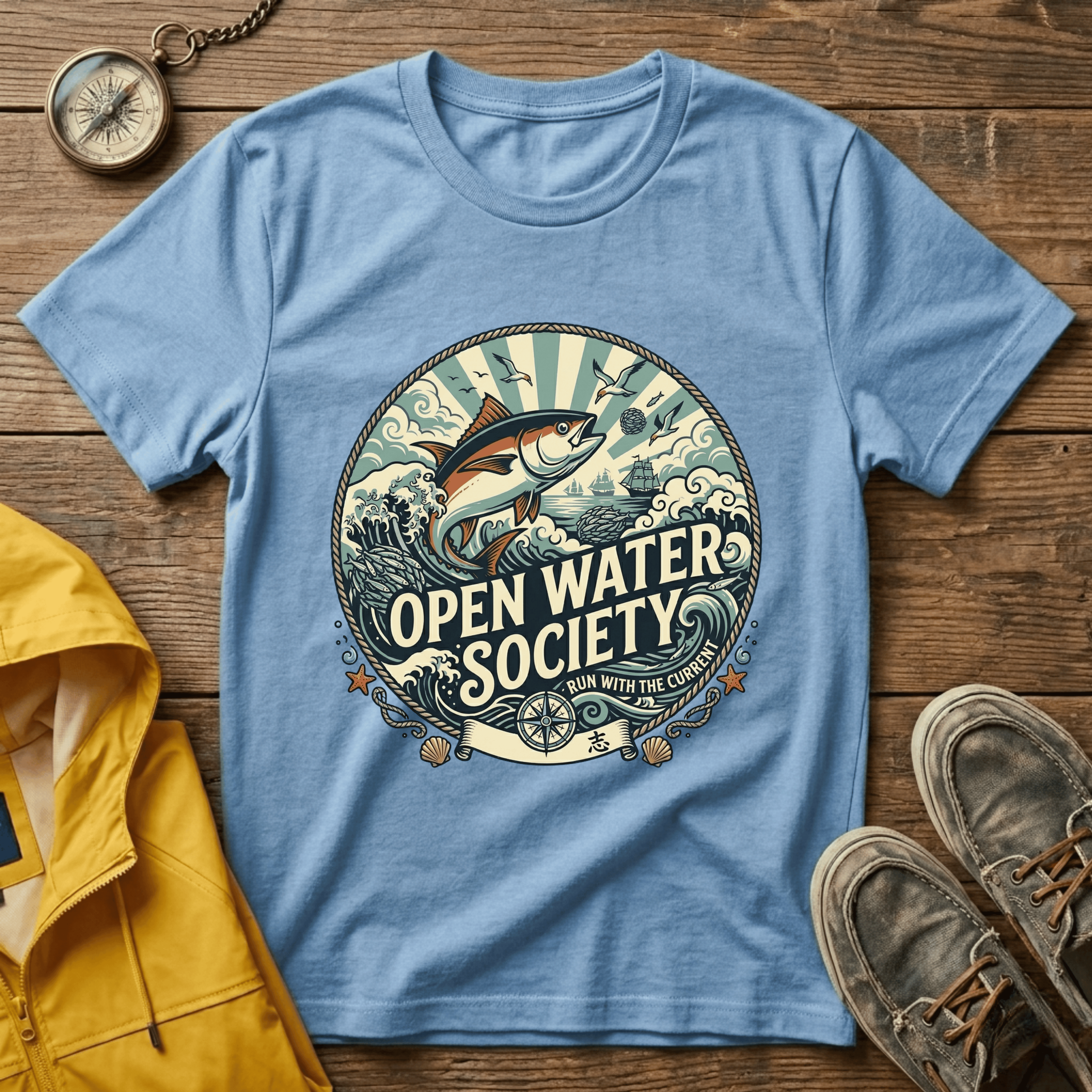 Fishing T-Shirt — Open Water Society Graphic Tee (Ocean Fish, Vintage Nautical Vibe)