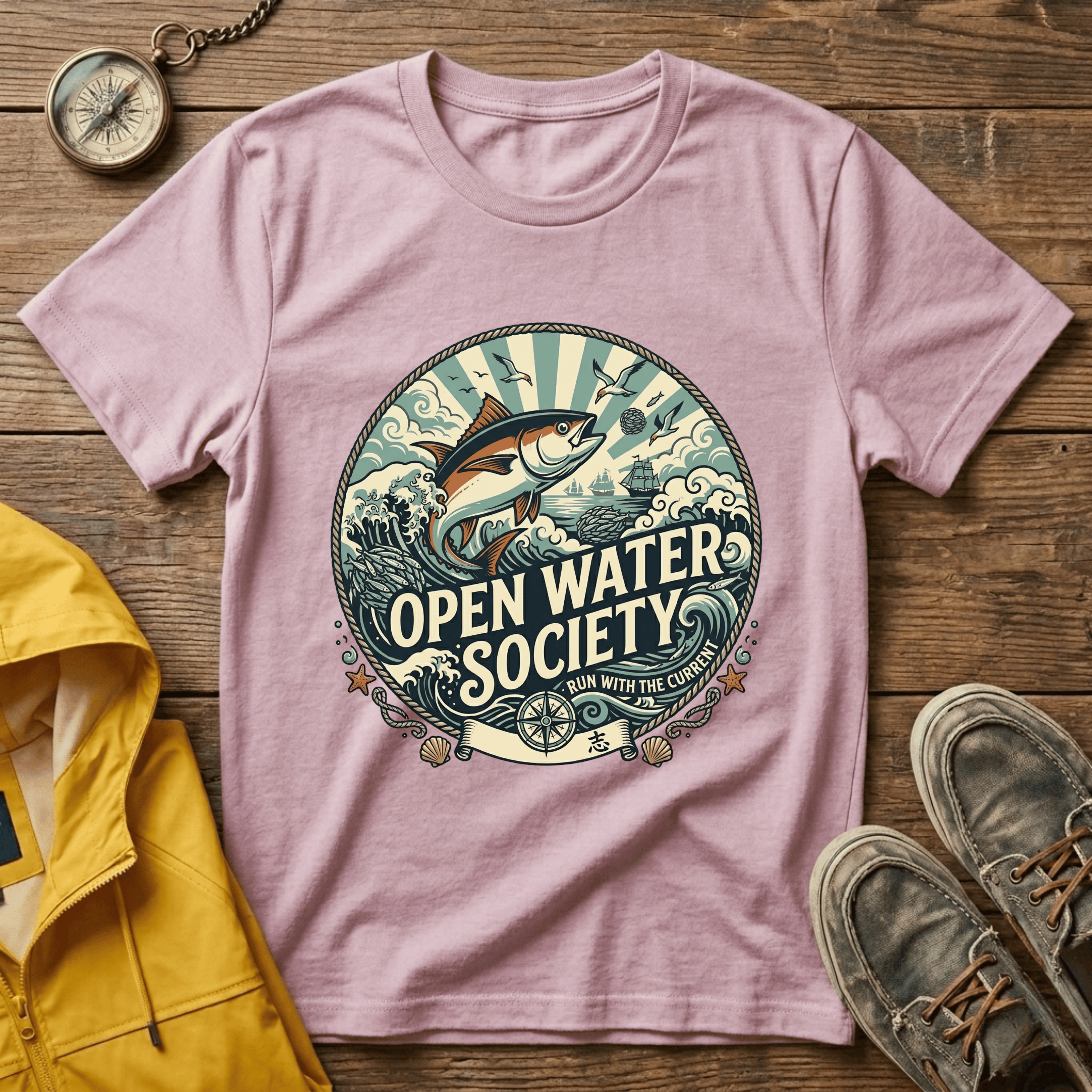 Fishing T-Shirt — Open Water Society Graphic Tee (Ocean Fish, Vintage Nautical Vibe)