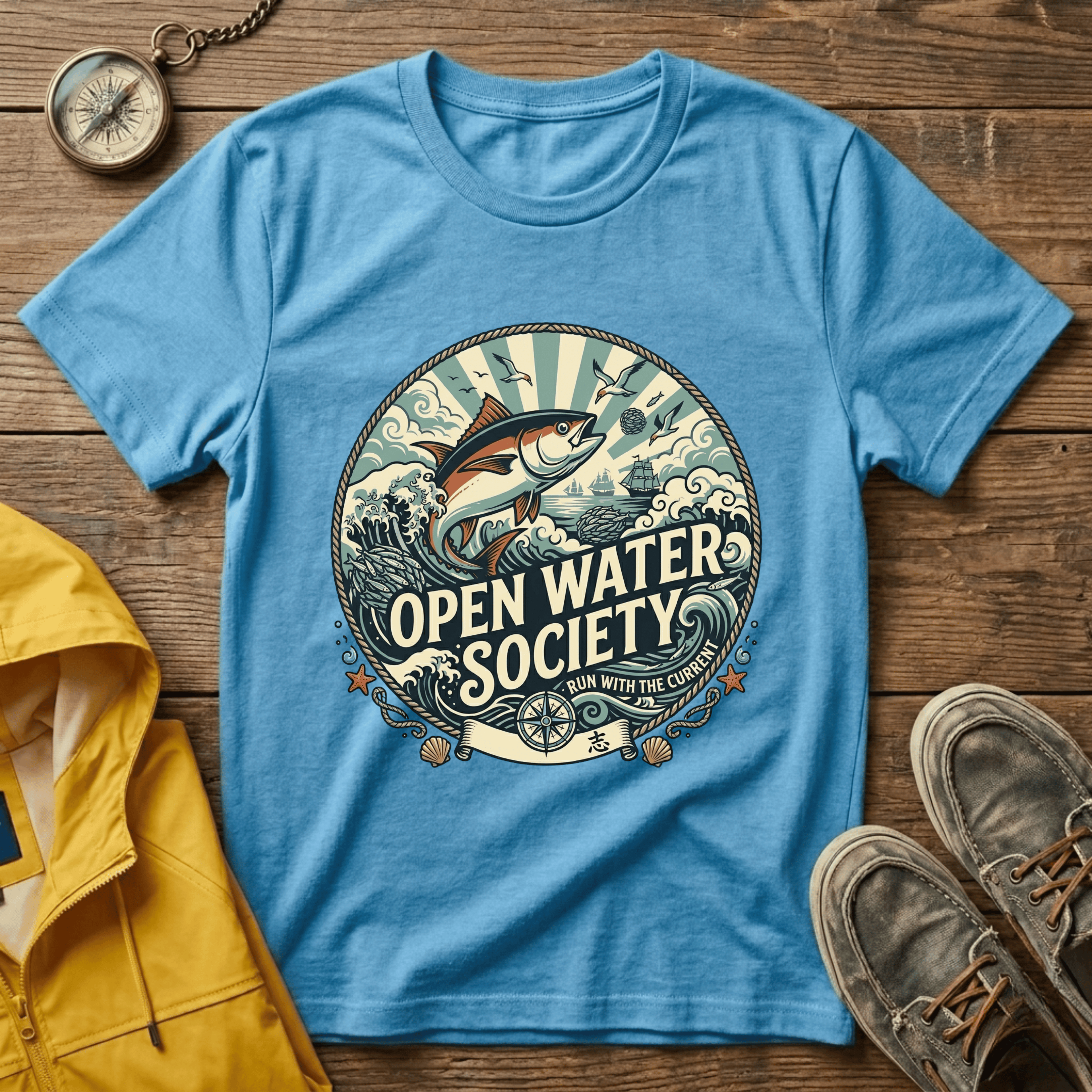 Fishing T-Shirt — Open Water Society Graphic Tee (Ocean Fish, Vintage Nautical Vibe)