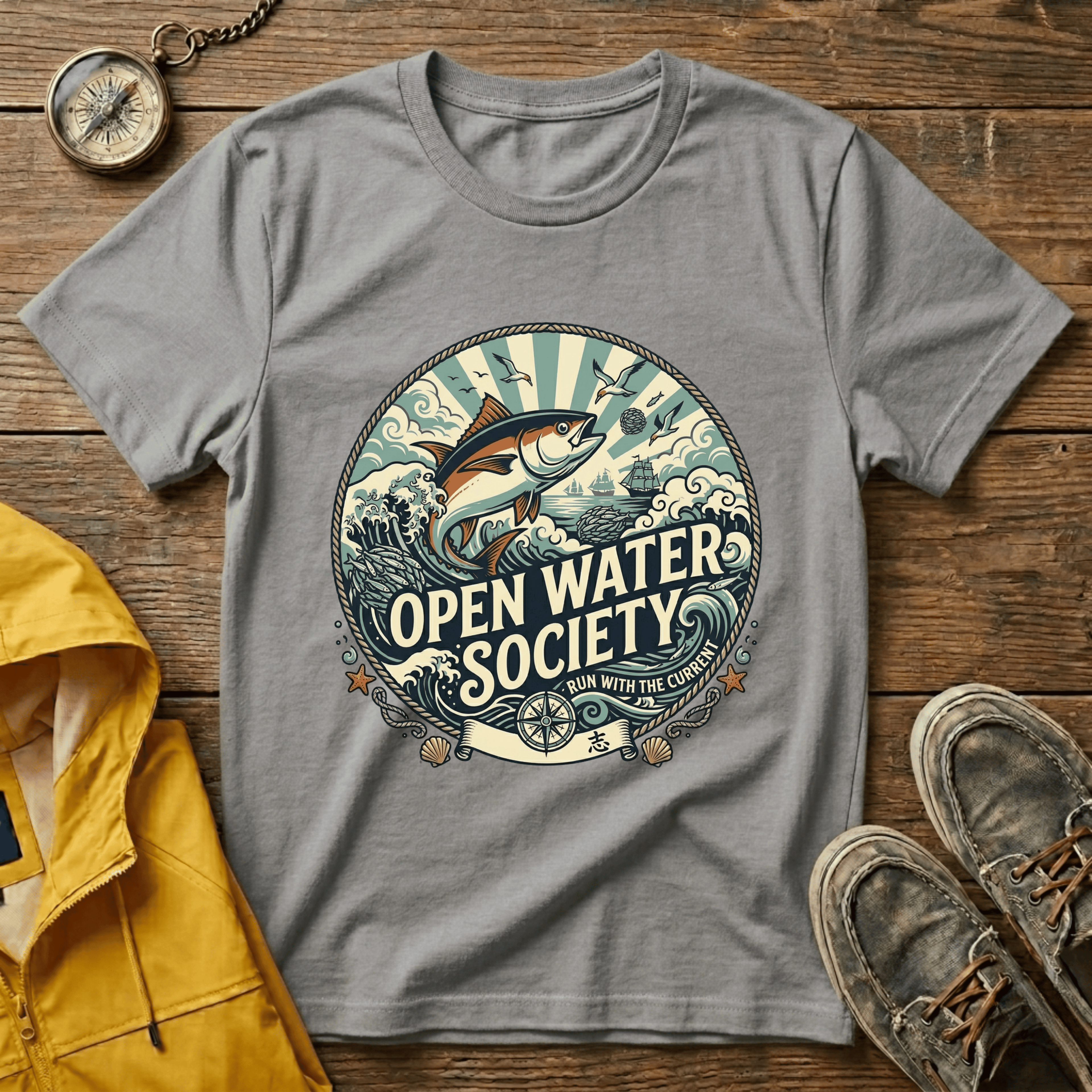 Fishing T-Shirt — Open Water Society Graphic Tee (Ocean Fish, Vintage Nautical Vibe)