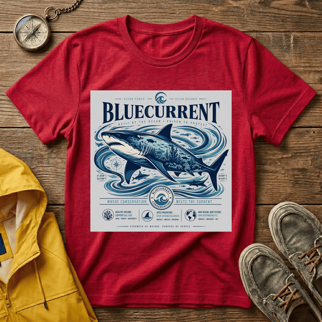 Bluecurrent Shark Graphic T‑Shirt — Vintage Ocean Surf Design