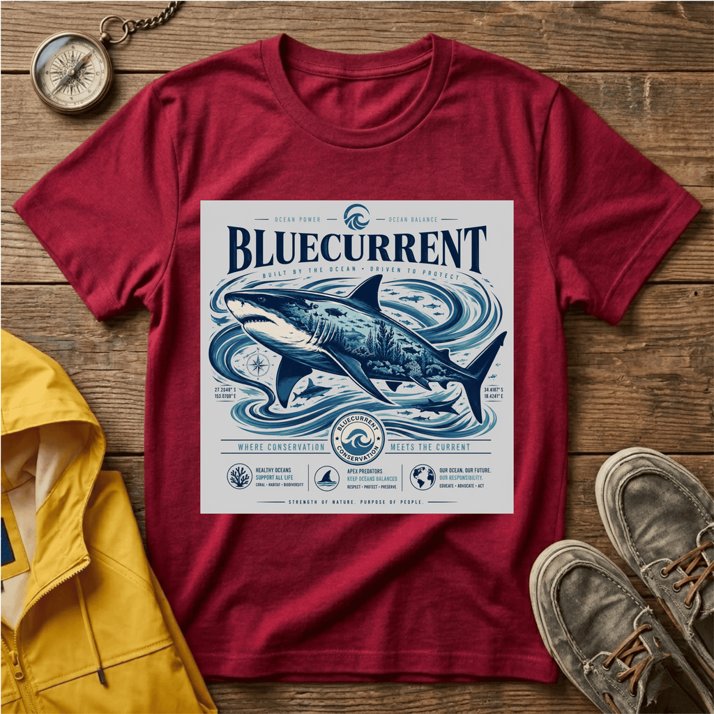 Bluecurrent Shark Graphic T‑Shirt — Vintage Ocean Surf Design