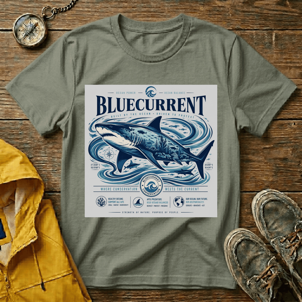 Bluecurrent Shark Graphic T‑Shirt — Vintage Ocean Surf Design